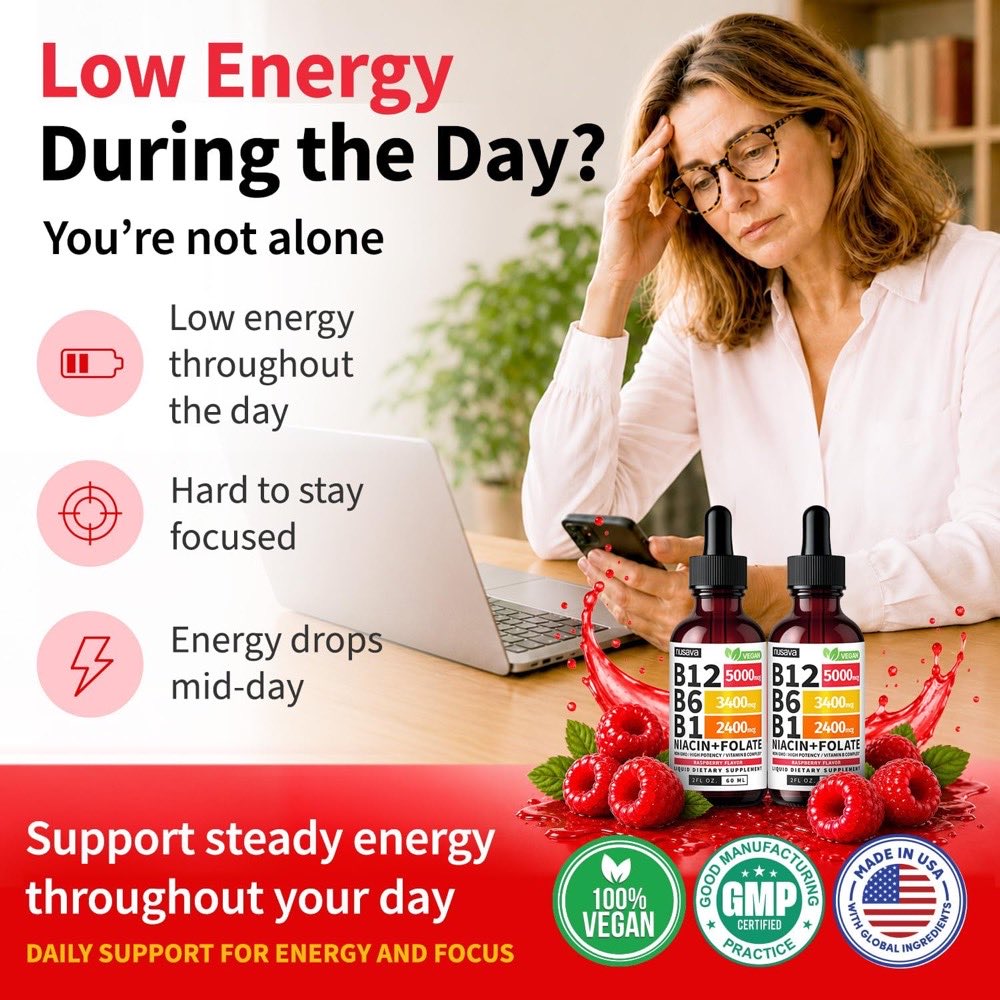 A tired person at a desk reaching for Nusava B12 liquid drops