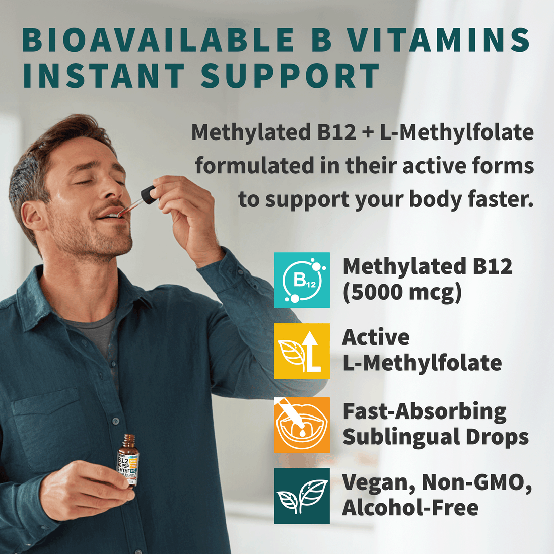Methylated B Complex Liquid Drops with Active L-Methylfolate - B12 Sublingual Drops, Vitamin B Complex