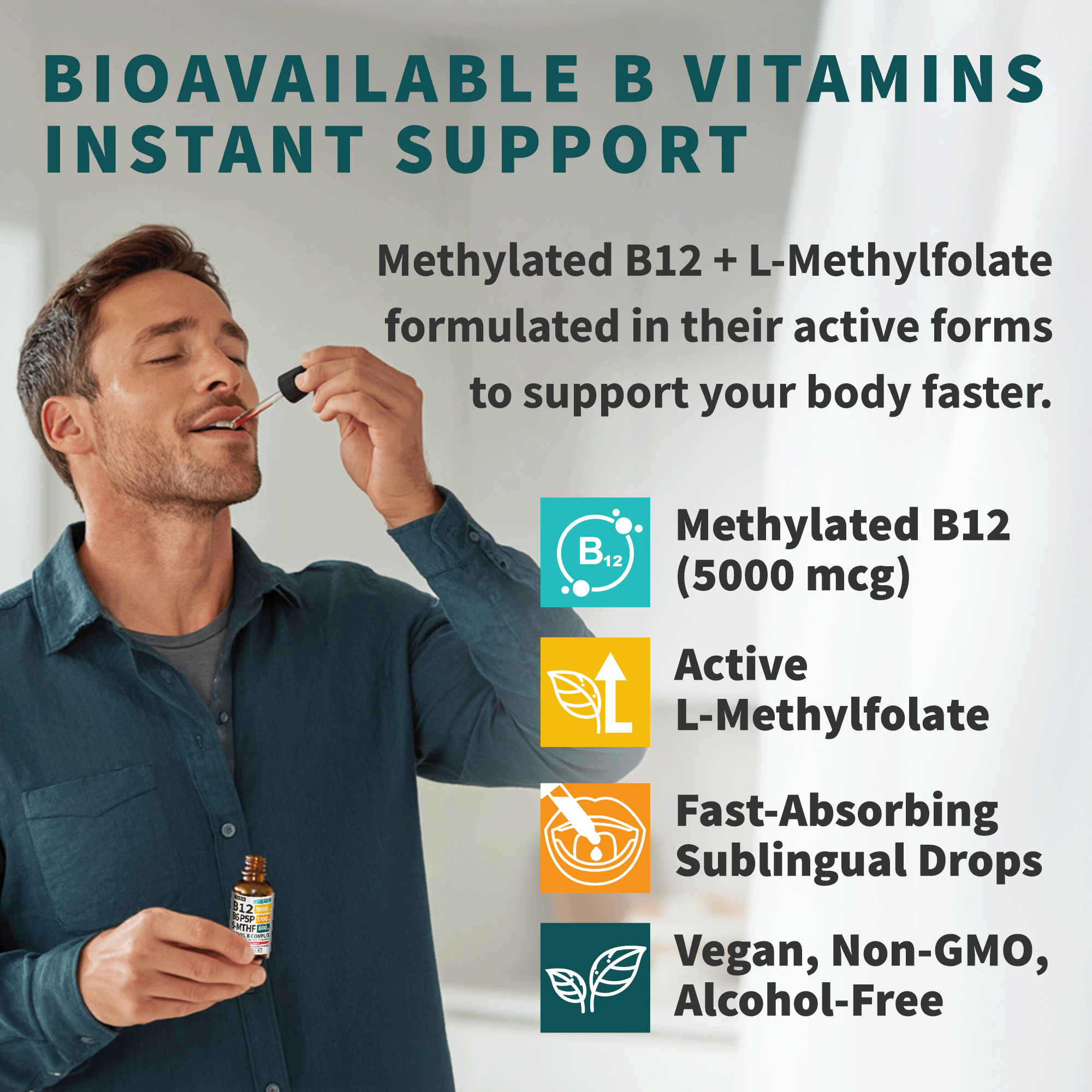 Methylated B Complex Liquid Drops with Active L-Methylfolate - B12 Sublingual Drops, Vitamin B Complex