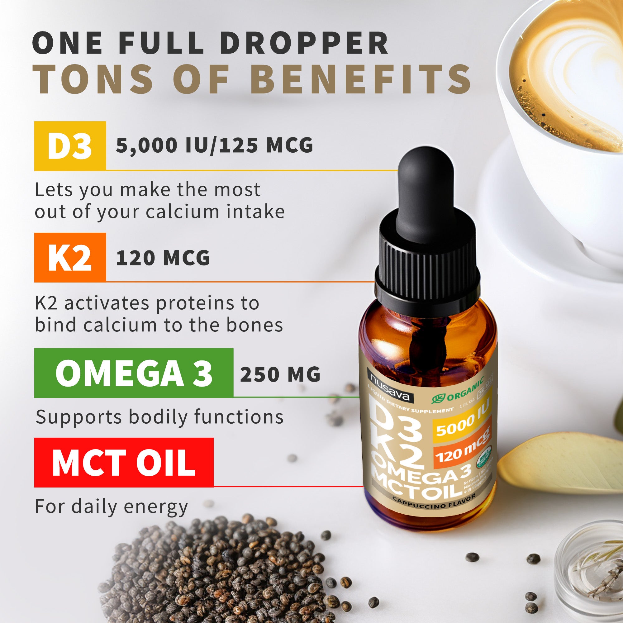 Organic Vitamin D3 K2 Drops with MCT Oil & Omega 3