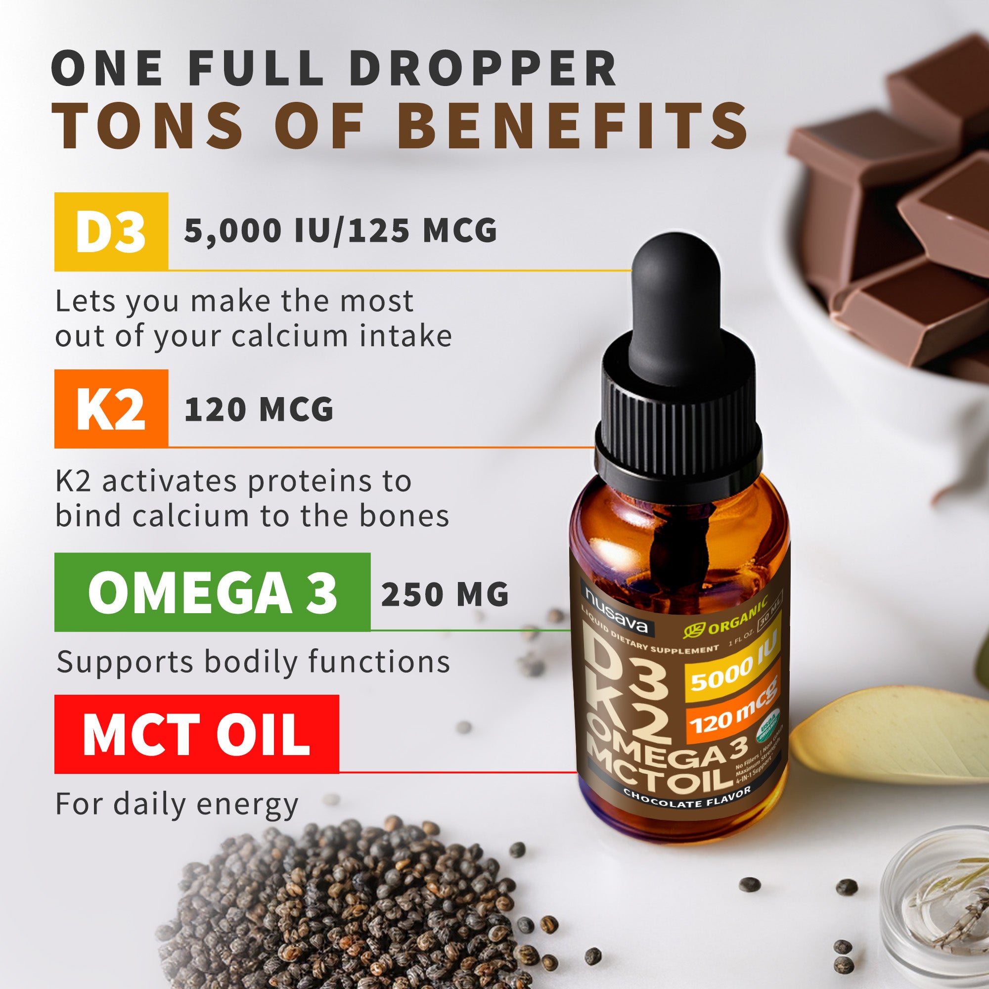 Organic Vitamin D3 K2 Drops with MCT Oil & Omega 3