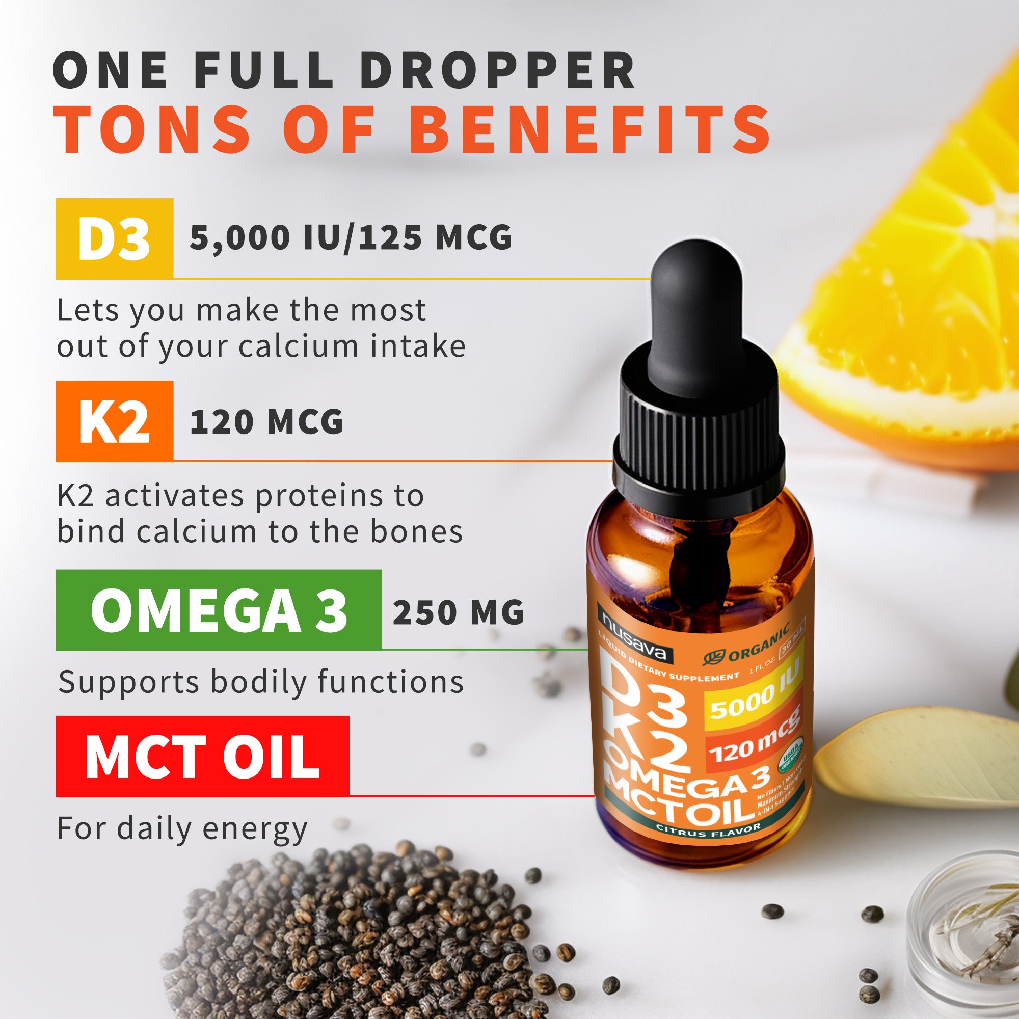 Organic Vitamin D3 K2 Drops with MCT Oil & Omega 3
