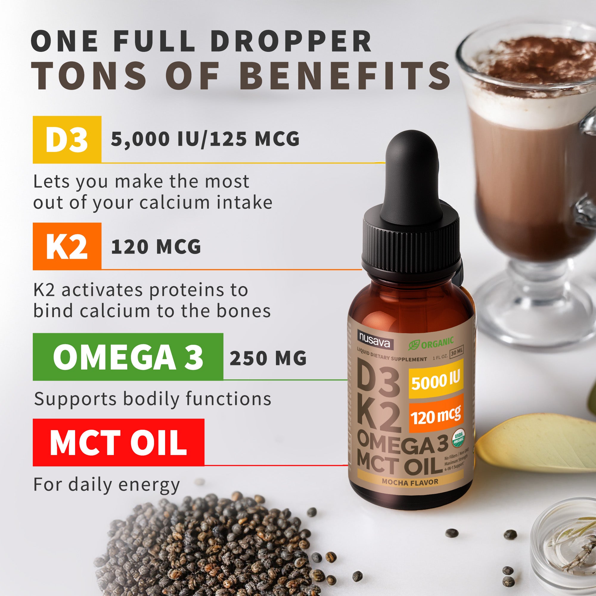 Organic Vitamin D3 K2 Drops with MCT Oil & Omega 3