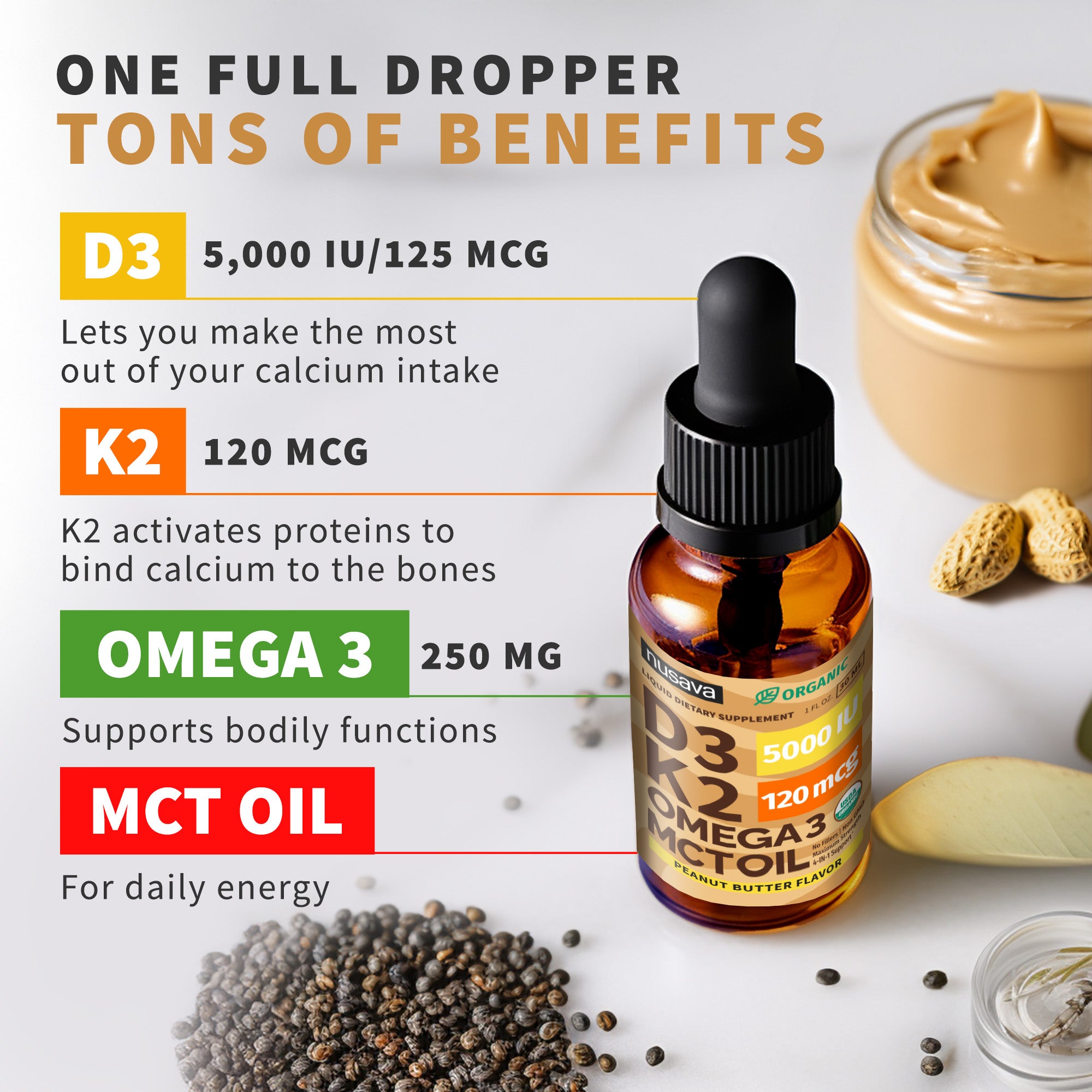 Organic Vitamin D3 K2 Drops with MCT Oil & Omega 3
