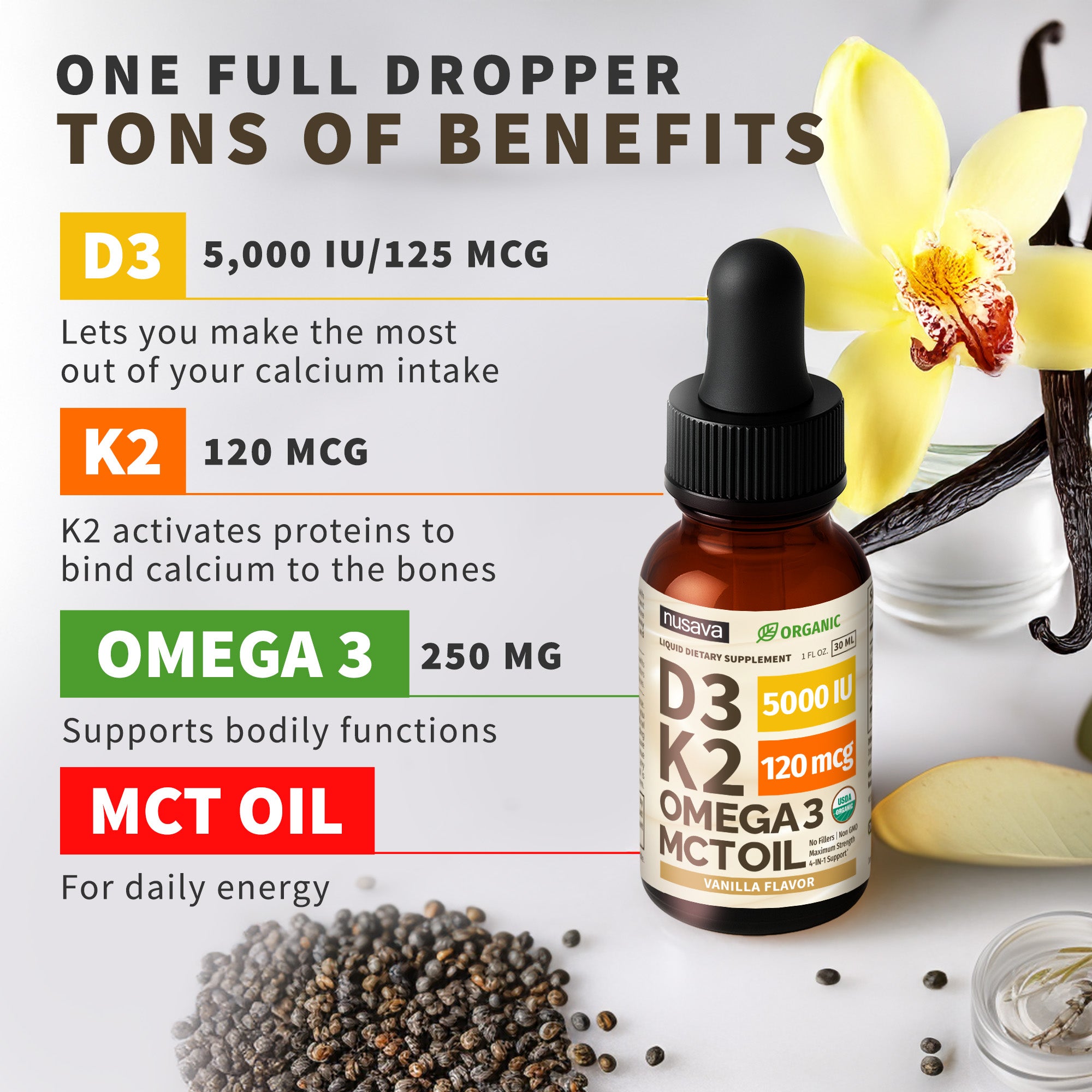 Organic Vitamin D3 K2 Drops with MCT Oil & Omega 3