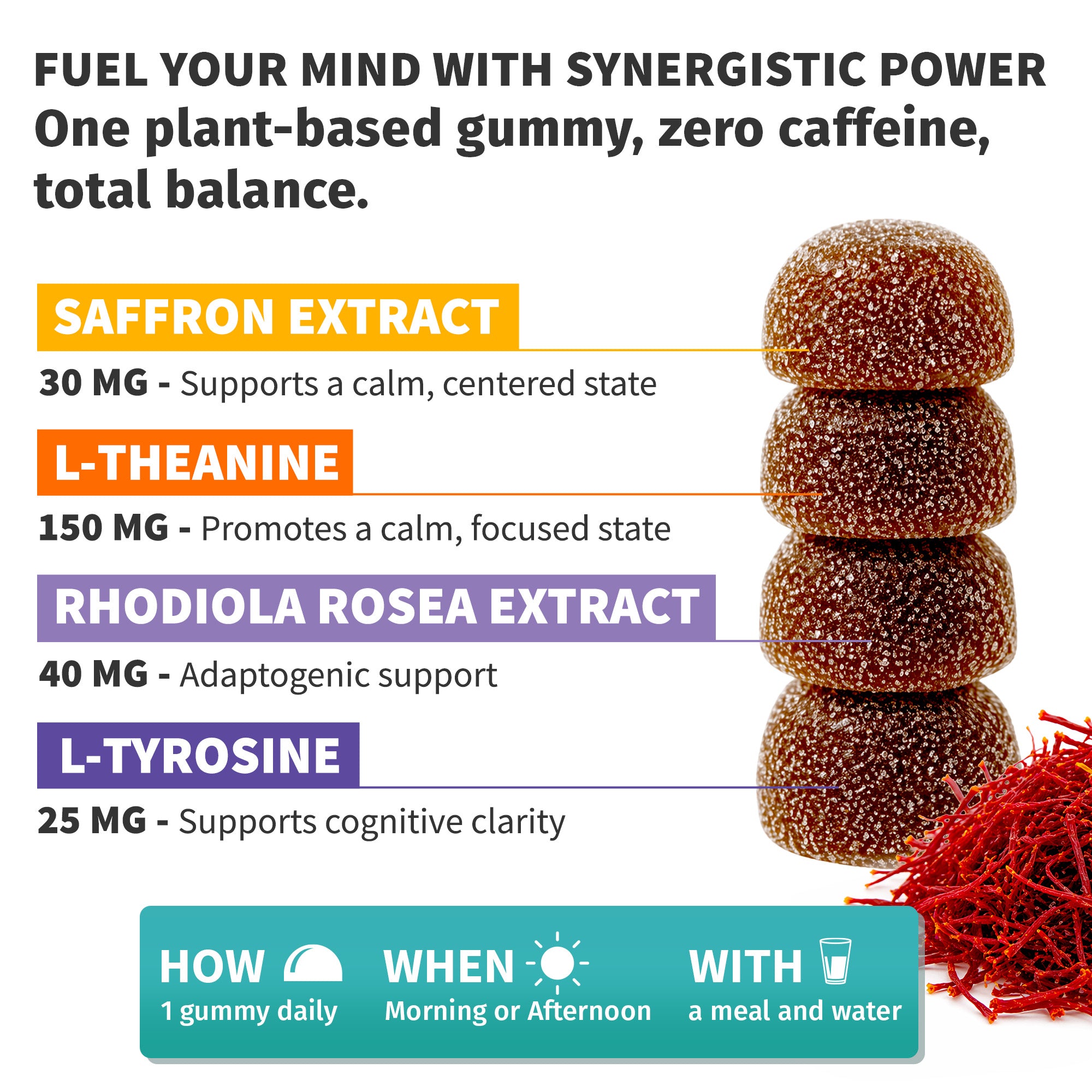 4-in-1 Saffron Blend Calm Gummies - Saffron Extract with Rhodiola Rosea Extract, L-Theanine, and L-Tyrosine for Daily Composure & Cognitive Support - Vegan Gummies