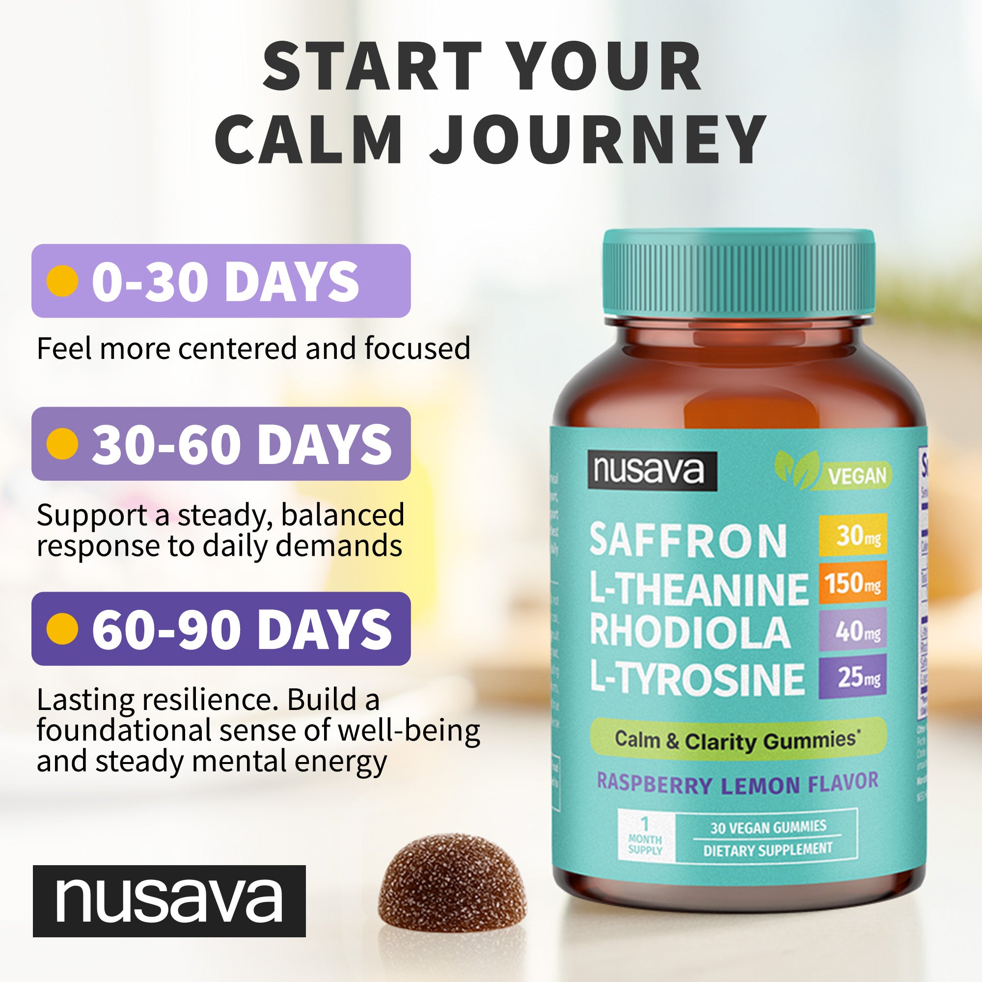 4-in-1 Saffron Blend Calm Gummies - Saffron Extract with Rhodiola Rosea Extract, L-Theanine, and L-Tyrosine for Daily Composure & Cognitive Support - Vegan Gummies