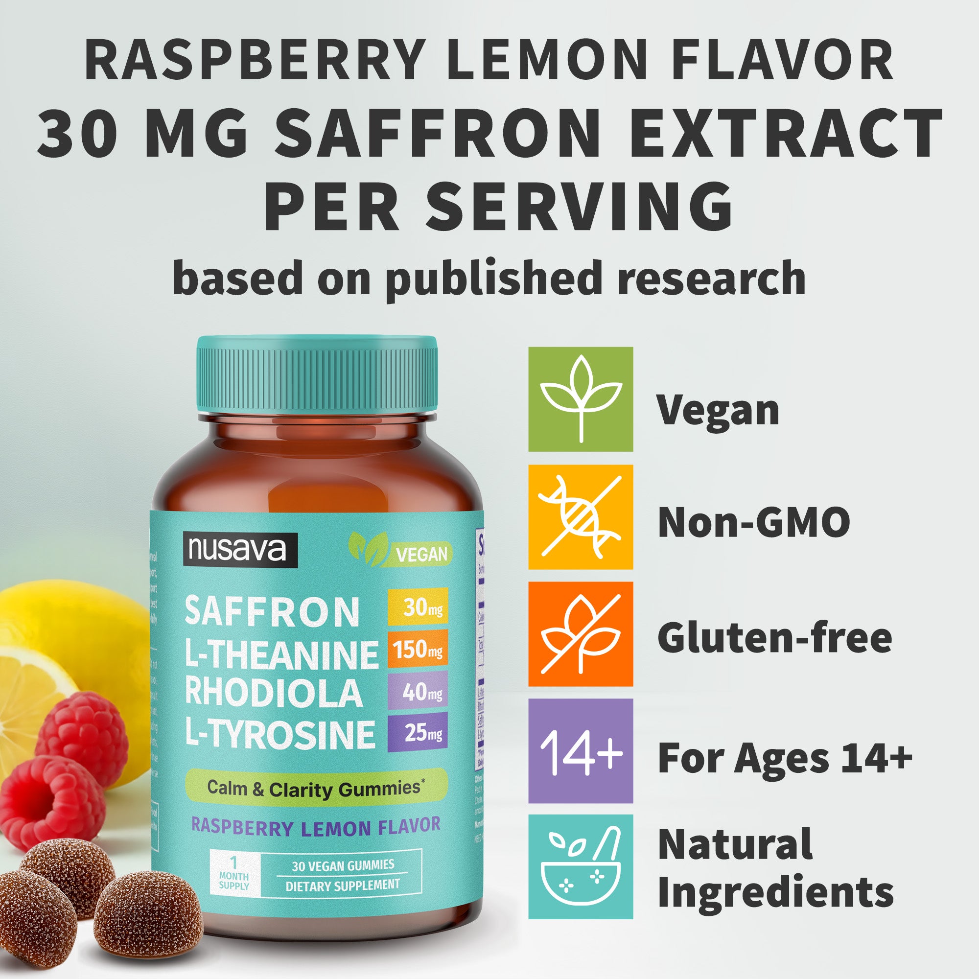 4-in-1 Saffron Blend Calm Gummies - Saffron Extract with Rhodiola Rosea Extract, L-Theanine, and L-Tyrosine for Daily Composure & Cognitive Support - Vegan Gummies