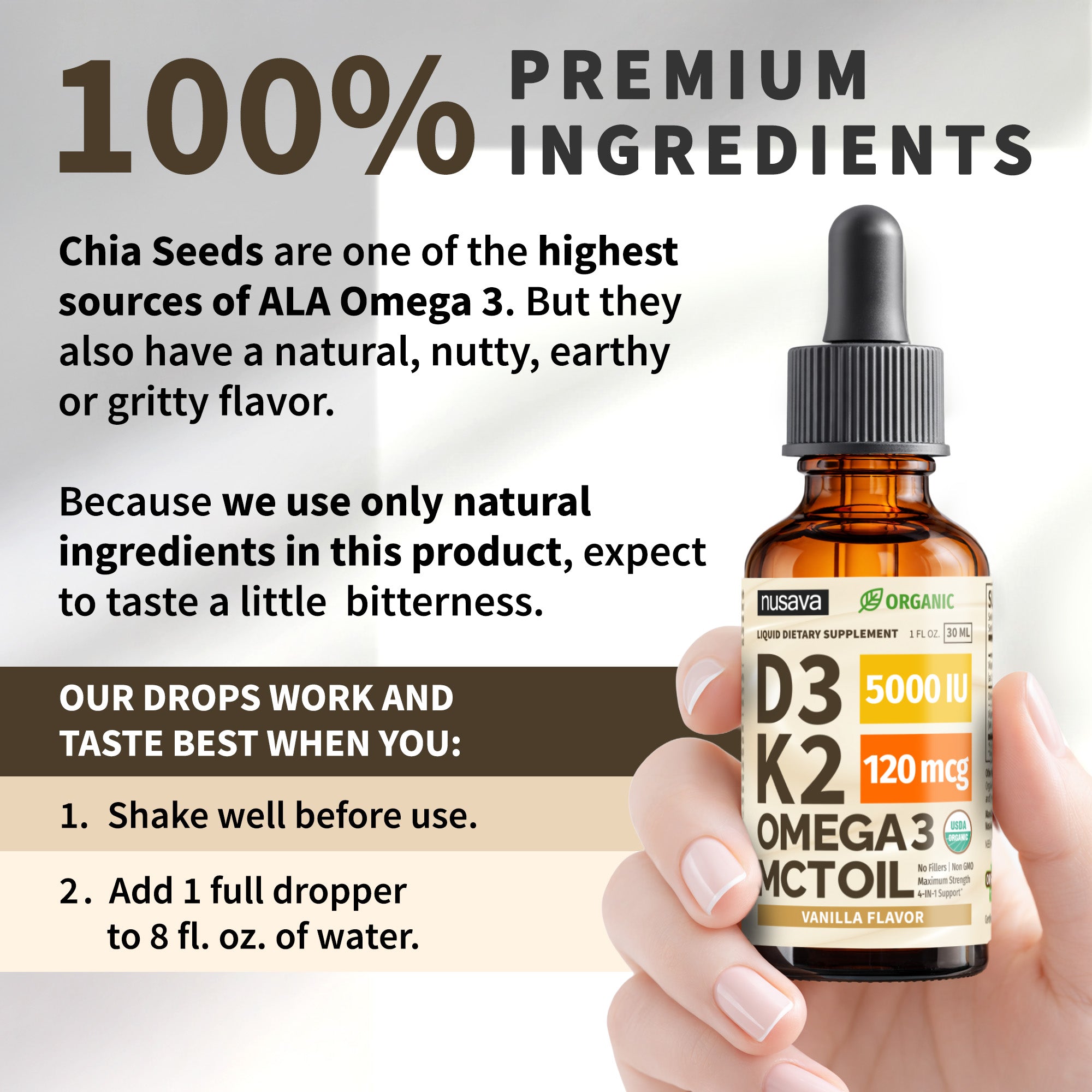Organic Vitamin D3 K2 Drops with MCT Oil & Omega 3