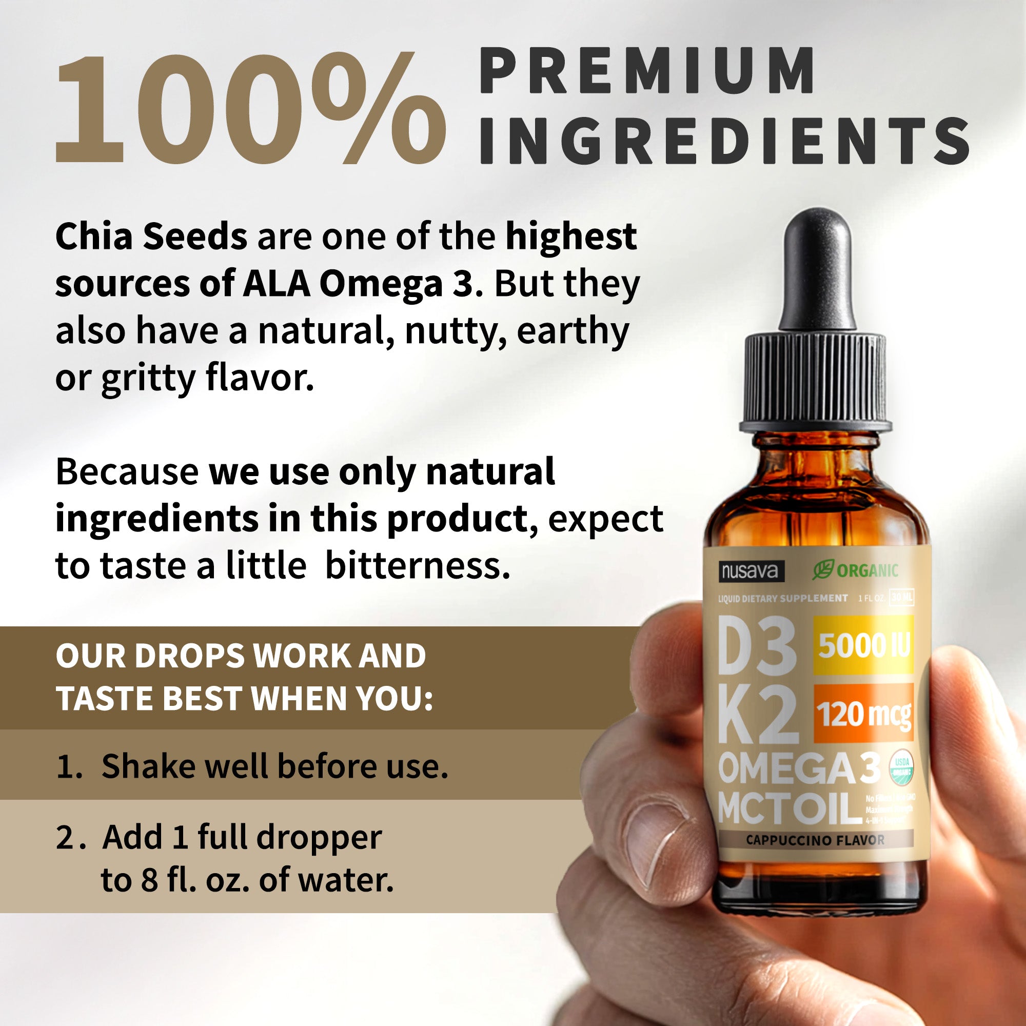 Organic Vitamin D3 K2 Drops with MCT Oil & Omega 3
