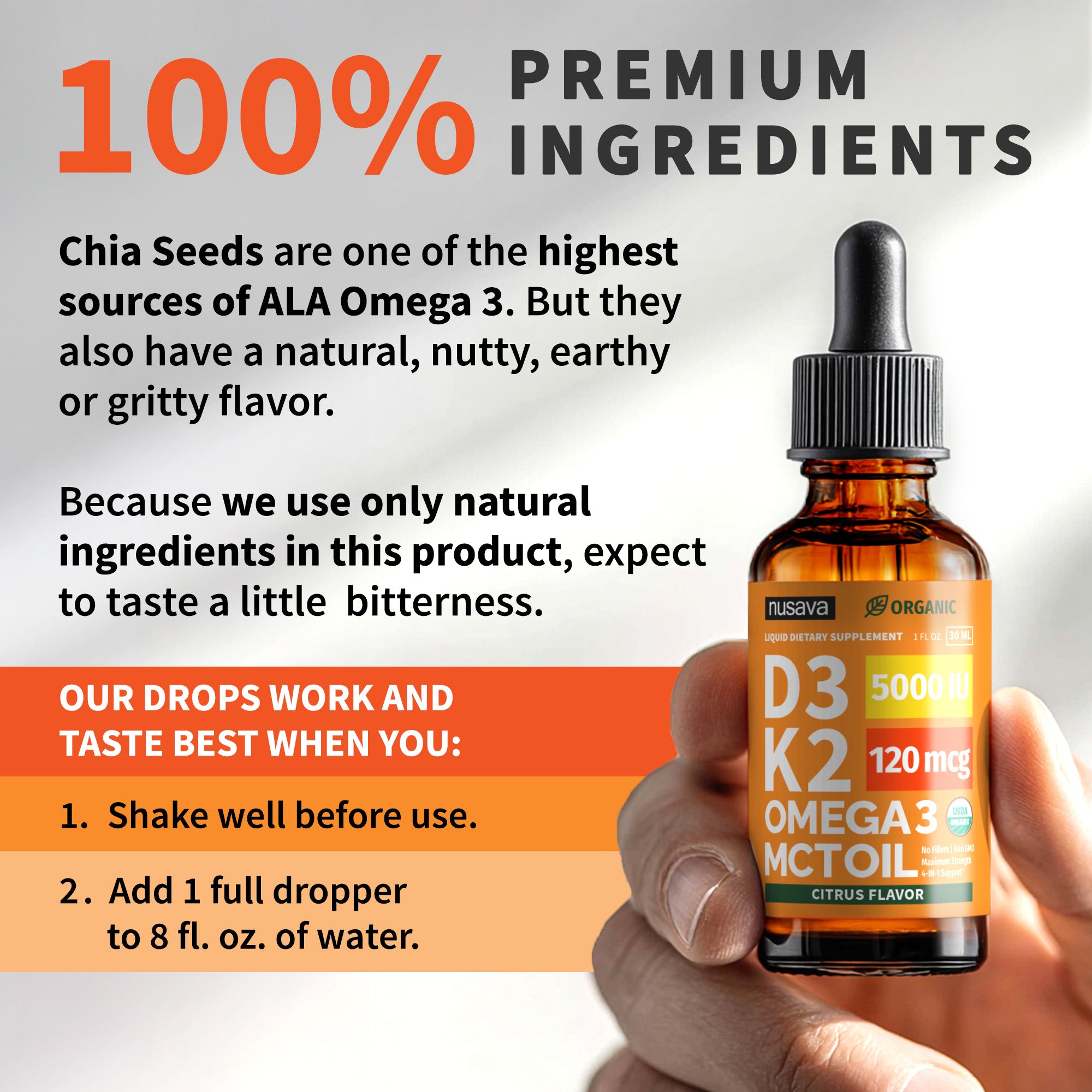 Organic Vitamin D3 K2 Drops with MCT Oil & Omega 3