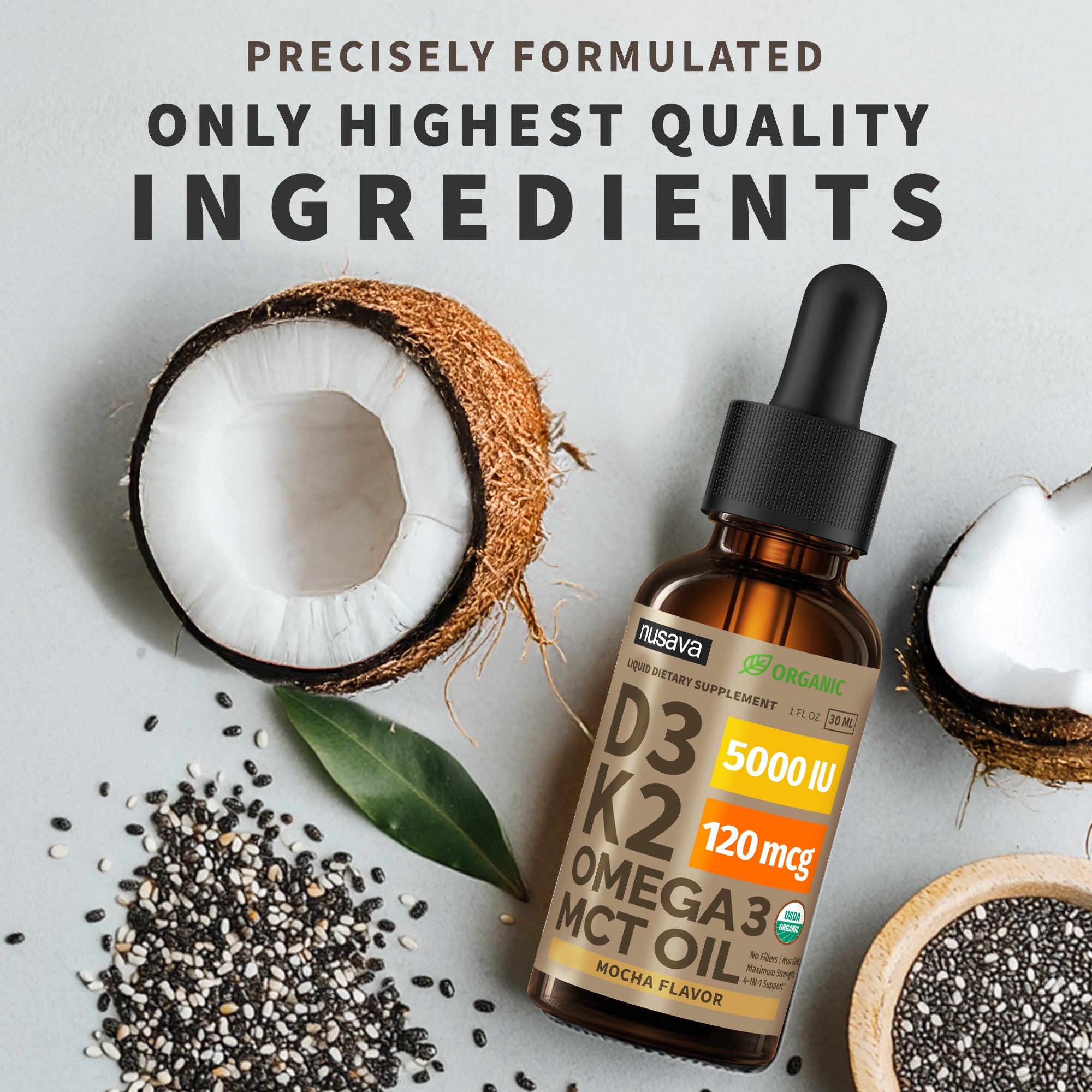 Organic Vitamin D3 K2 Drops with MCT Oil & Omega 3
