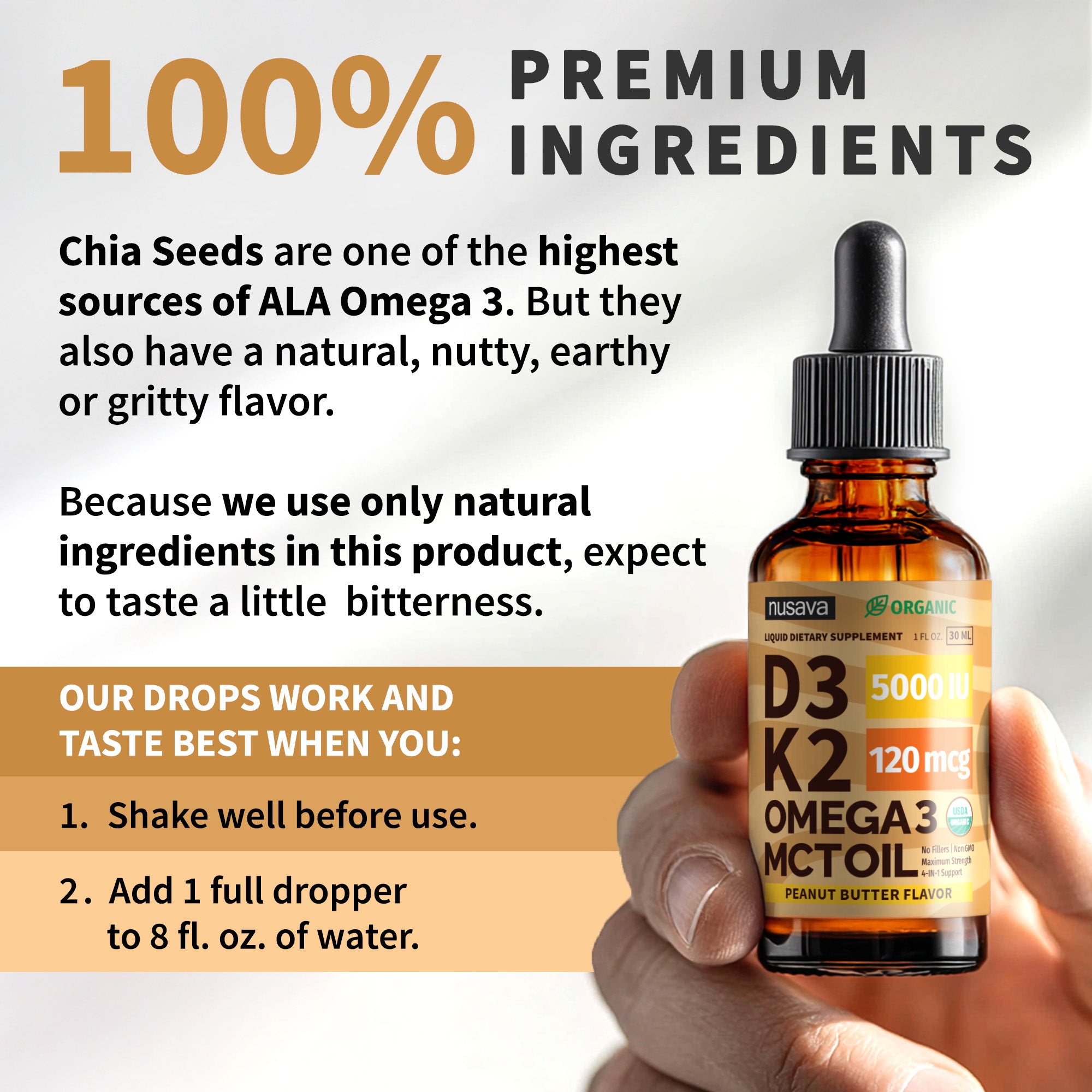 Organic Vitamin D3 K2 Drops with MCT Oil & Omega 3