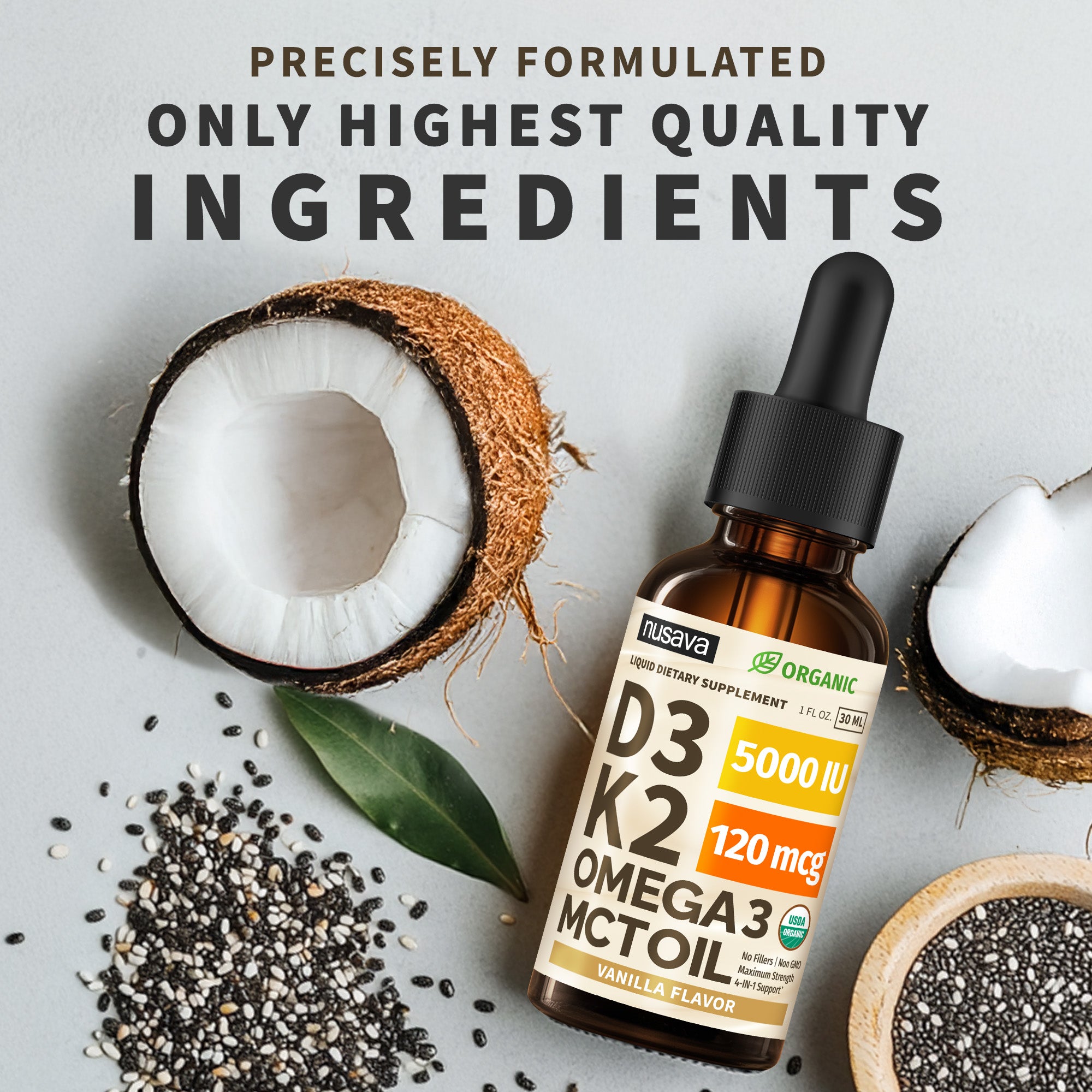 Organic Vitamin D3 K2 Drops with MCT Oil & Omega 3