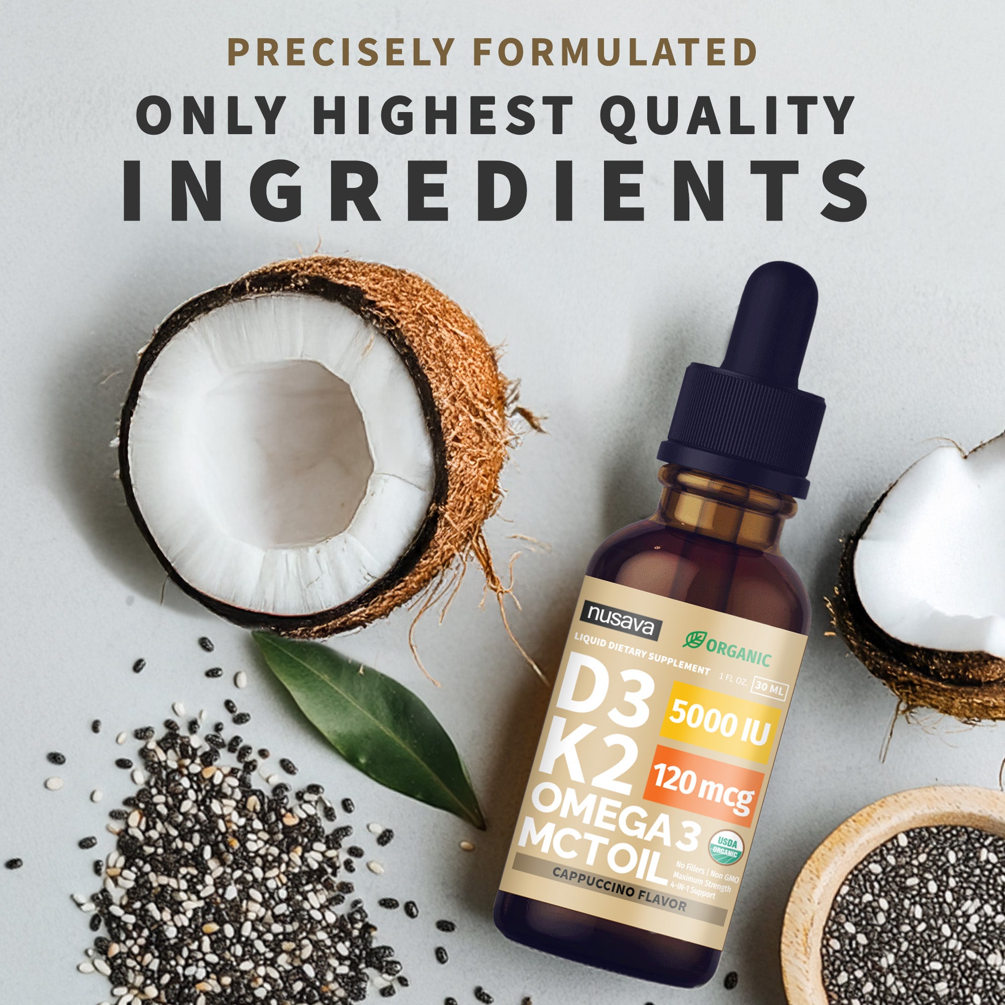 Organic Vitamin D3 K2 Drops with MCT Oil & Omega 3