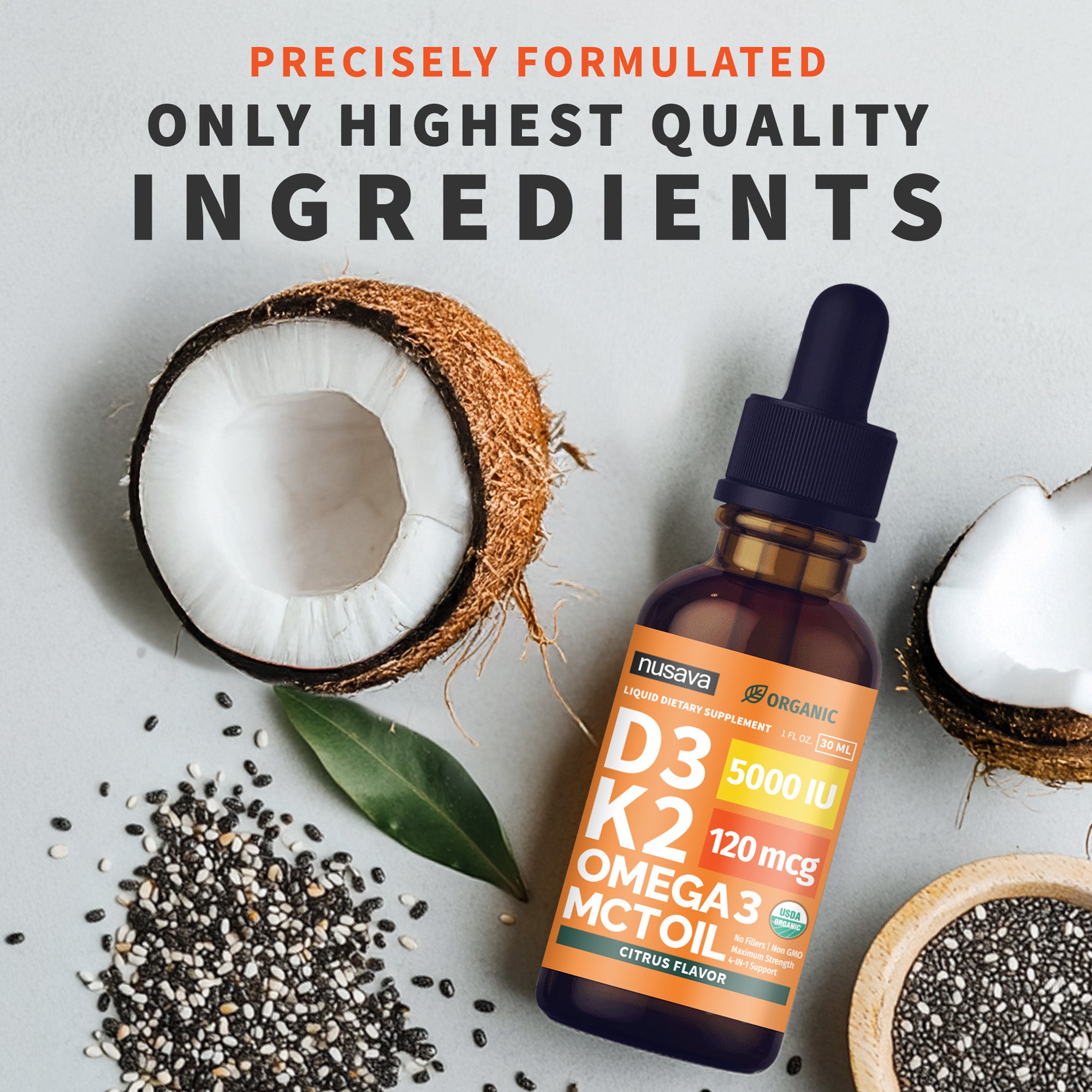 Organic Vitamin D3 K2 Drops with MCT Oil & Omega 3
