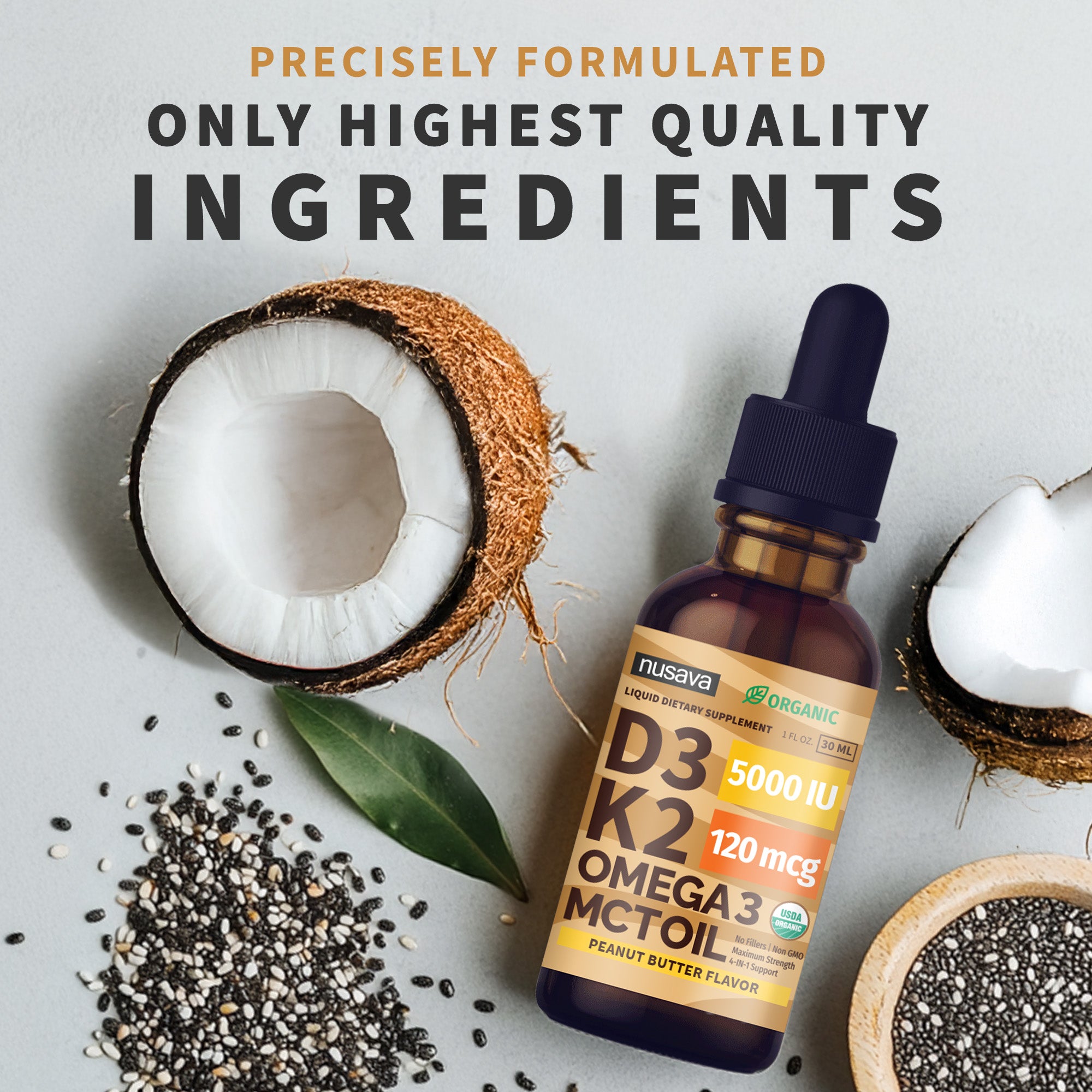 Organic Vitamin D3 K2 Drops with MCT Oil & Omega 3
