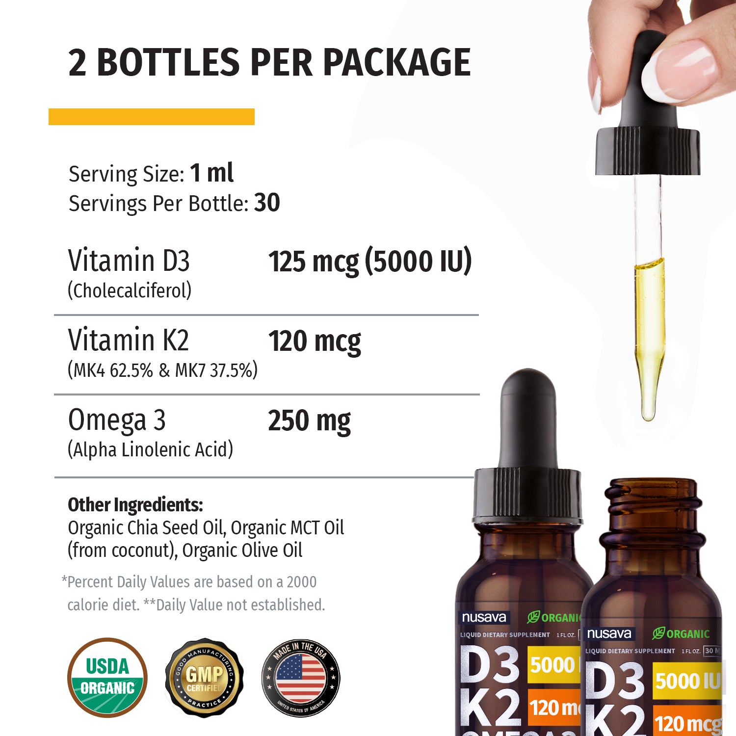 Vitamin D3 K2 Drops Unflavored & Strawberry Flavor Bundle - Maximum Strength Vitamin D Liquid 5000 IU with MCT Oil Omega 3