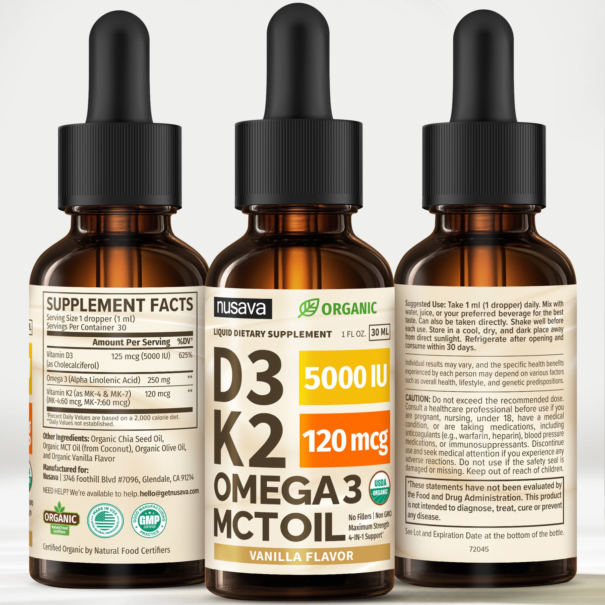 Organic Vitamin D3 K2 Drops with MCT Oil & Omega 3