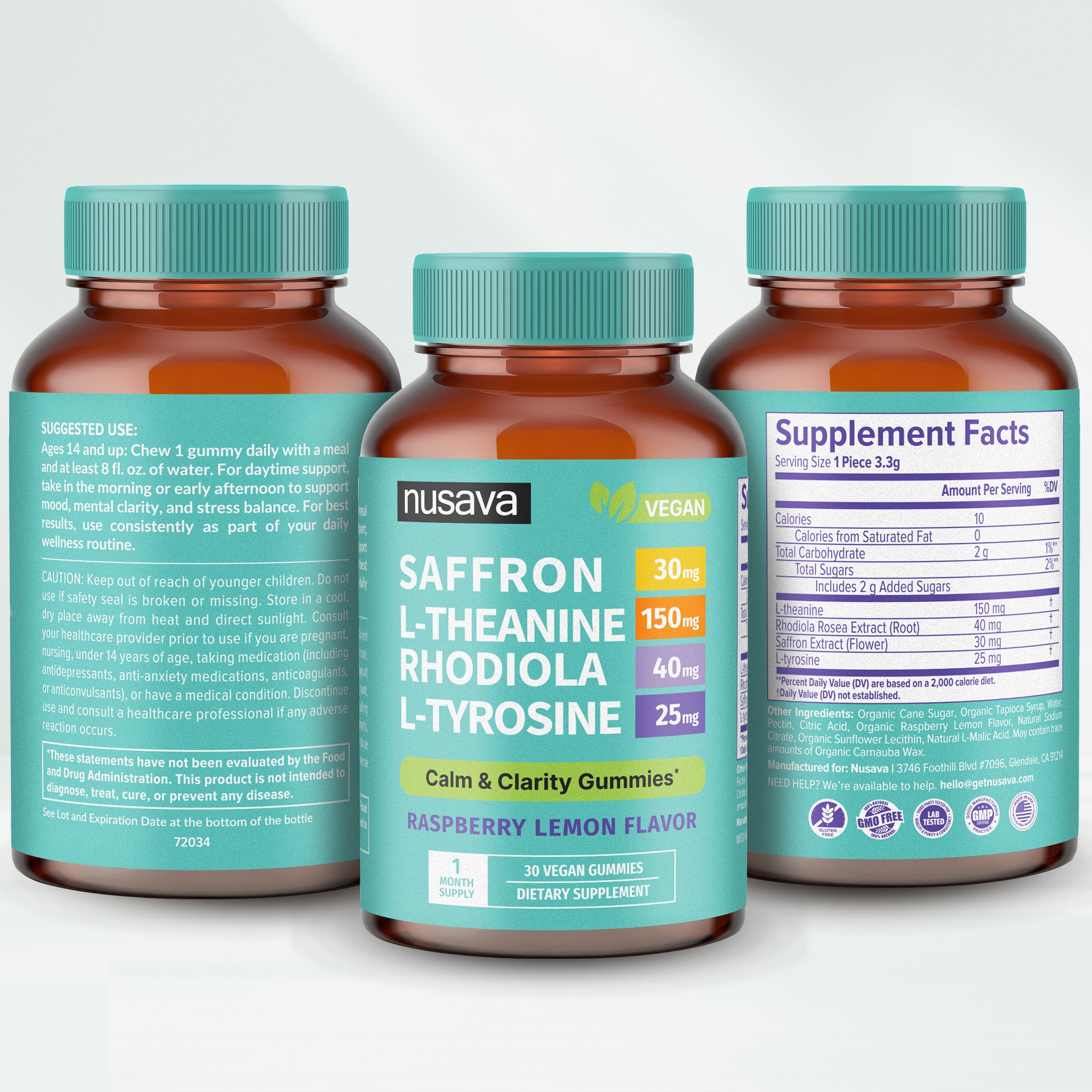 4-in-1 Saffron Blend Calm Gummies - Saffron Extract with Rhodiola Rosea Extract, L-Theanine, and L-Tyrosine for Daily Composure & Cognitive Support - Vegan Gummies