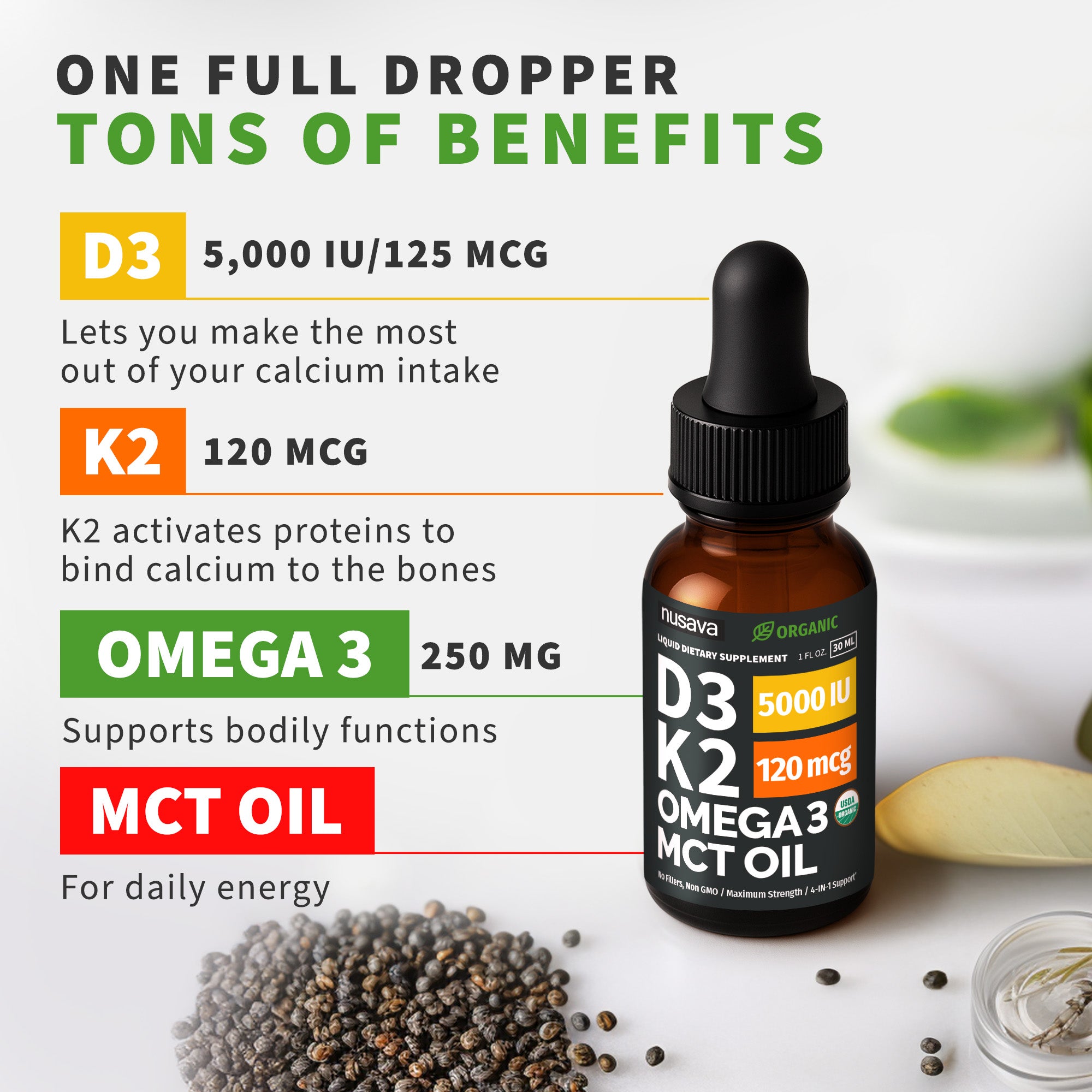 Organic Vitamin D3 K2 Drops with MCT Oil & Omega 3