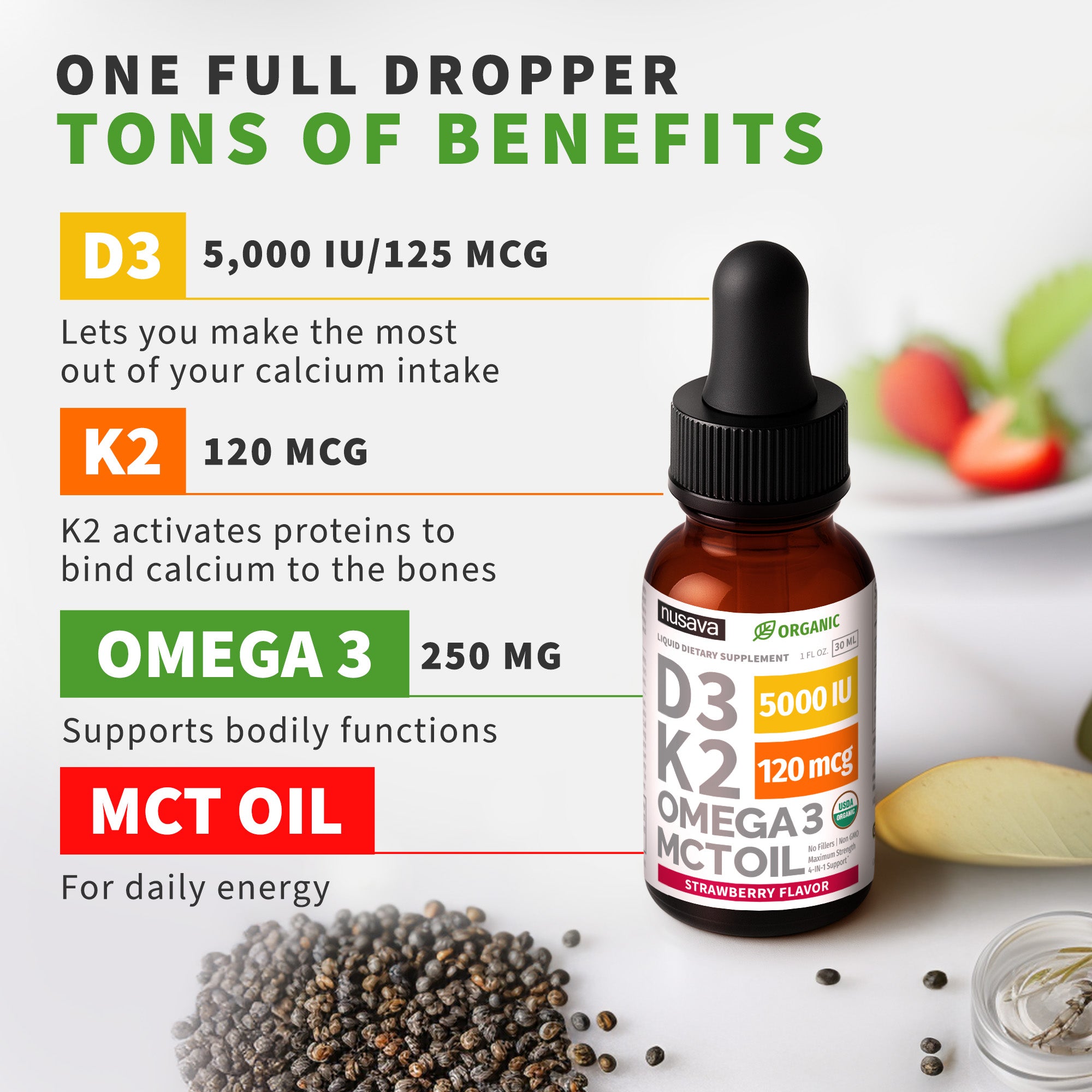 Organic Vitamin D3 K2 Drops with MCT Oil & Omega 3