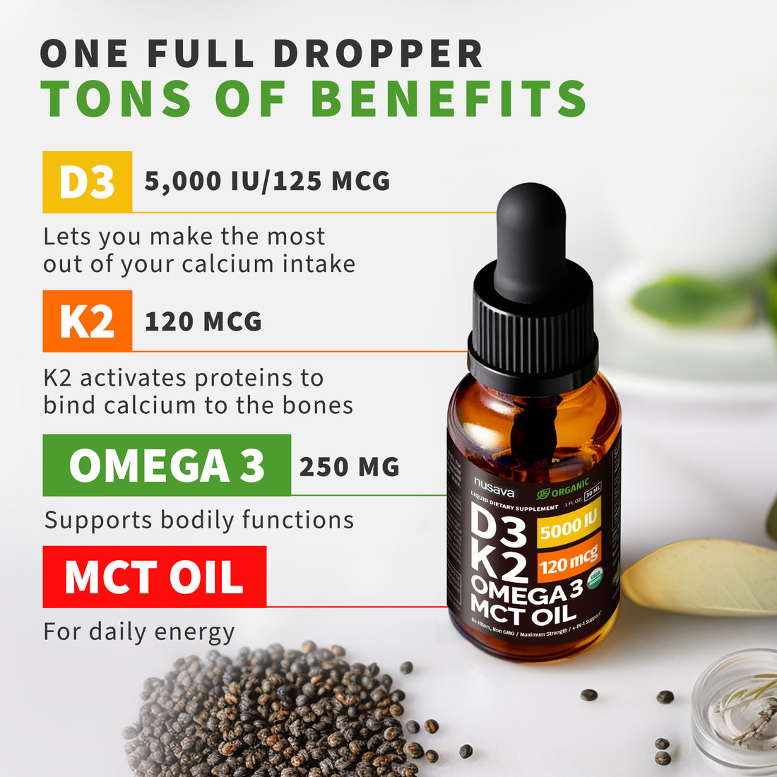 Organic Vitamin D3 K2 Drops with MCT Oil Omega 3, 5000 IU, Maximum Strength Vitamin D Liquid, No Fillers, Non-GMO Liquid D3 for Faster Absorption, Immune Support