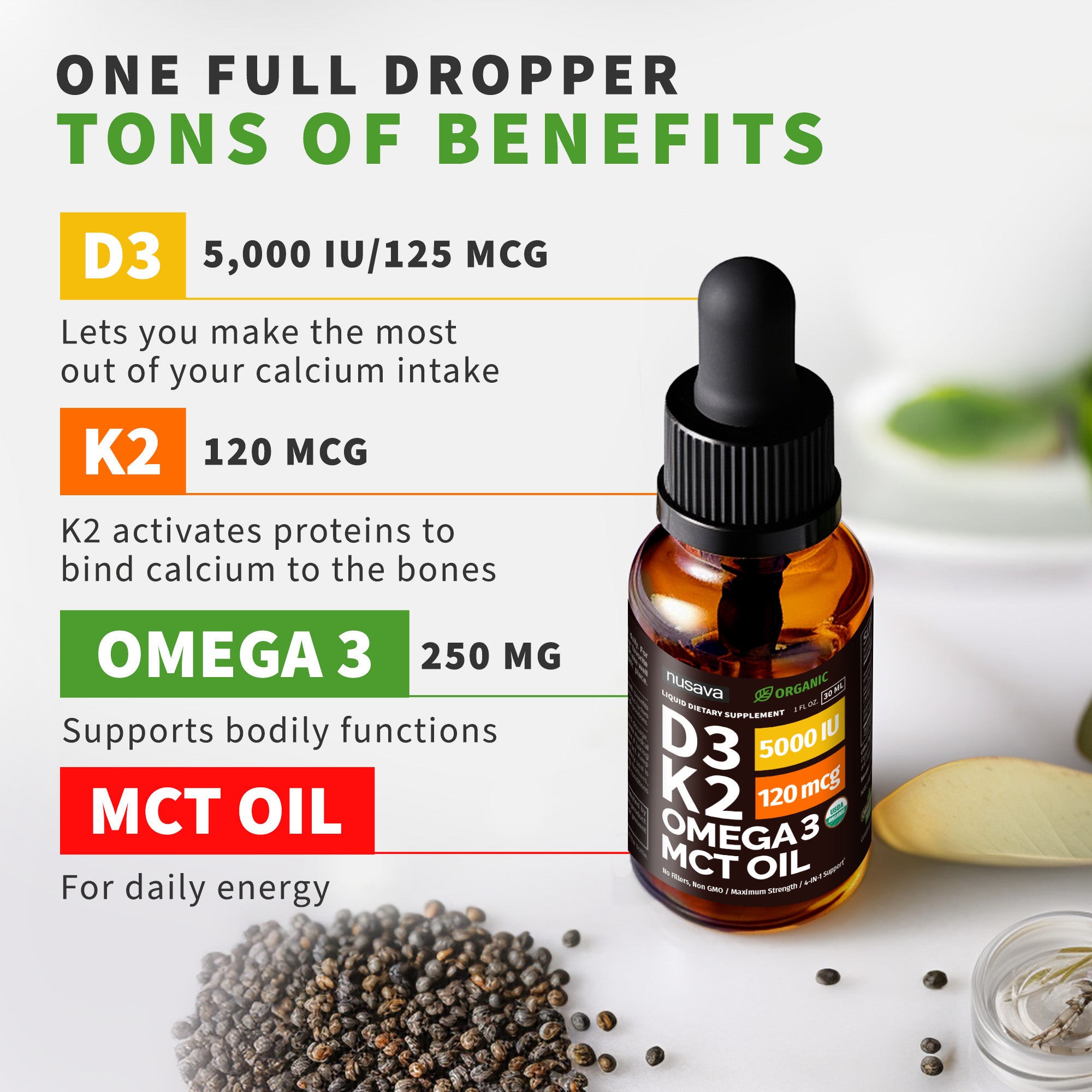 Organic Vitamin D3 K2 Drops with MCT Oil Omega 3, 5000 IU, Maximum Strength Vitamin D Liquid, No Fillers, Non-GMO Liquid D3 for Faster Absorption, Immune Support