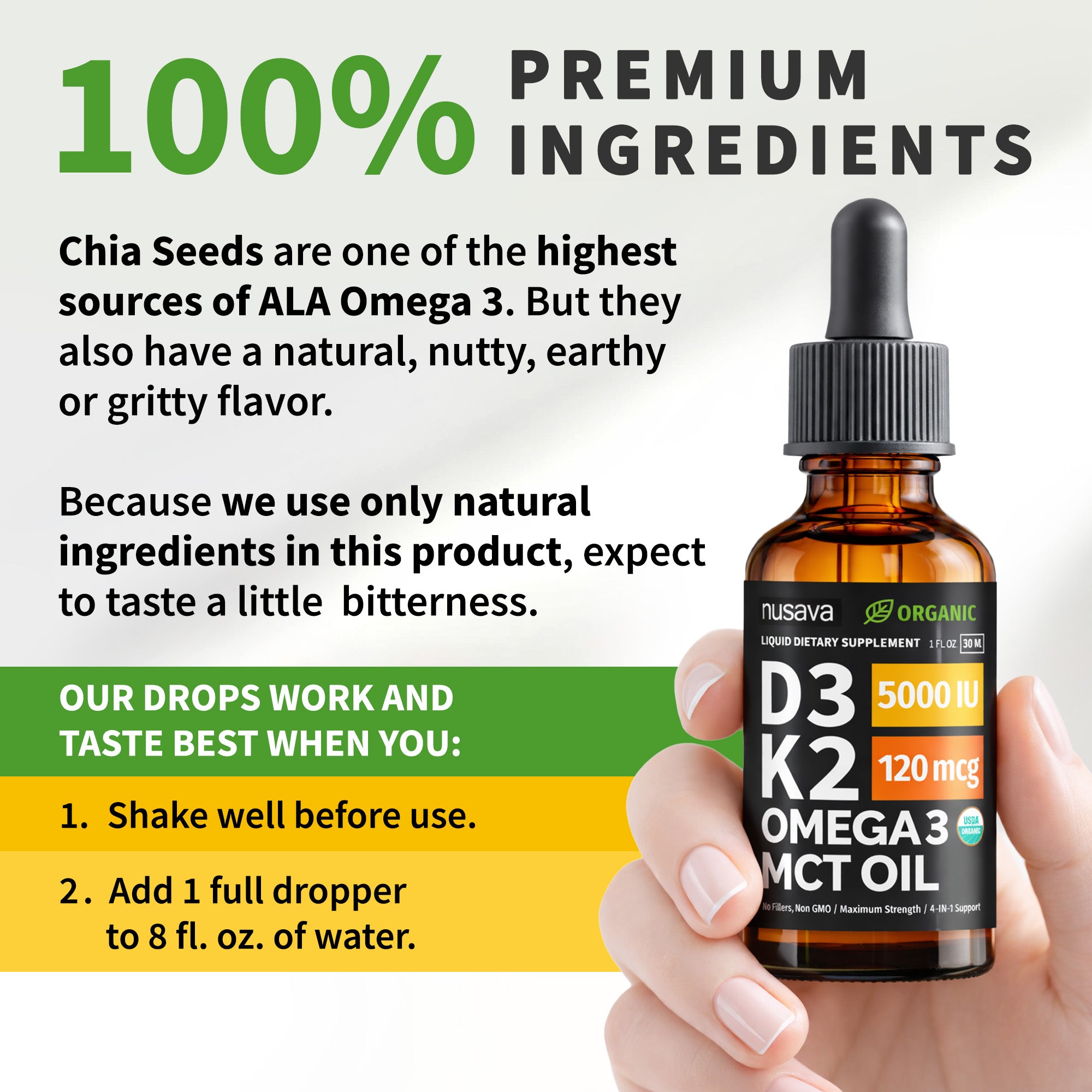 Organic Vitamin D3 K2 Drops with MCT Oil & Omega 3