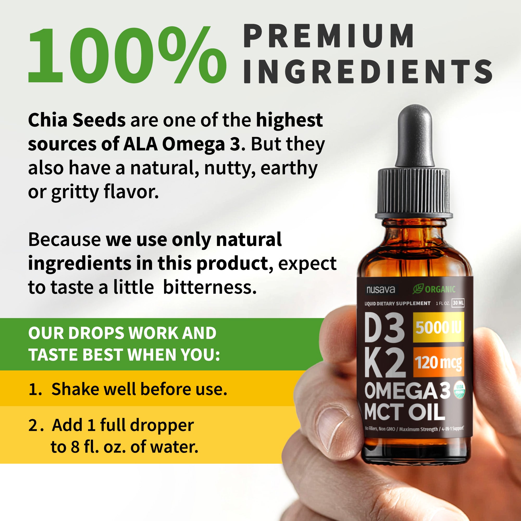 Organic Vitamin D3 K2 Drops with MCT Oil Omega 3, 5000 IU, Maximum Strength Vitamin D Liquid, No Fillers, Non-GMO Liquid D3 for Faster Absorption, Immune Support