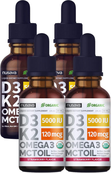 Vitamin D3 K2 Drops Unflavored & Strawberry Flavor Bundle - Maximum Strength Vitamin D Liquid 5000 IU with MCT Oil Omega 3