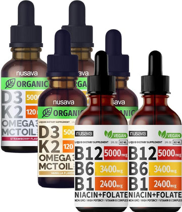 Vitamin B12 Liquid Drops Bundle, Strawberry Flavored D3 K2, & Vanilla Flavored D3 K2