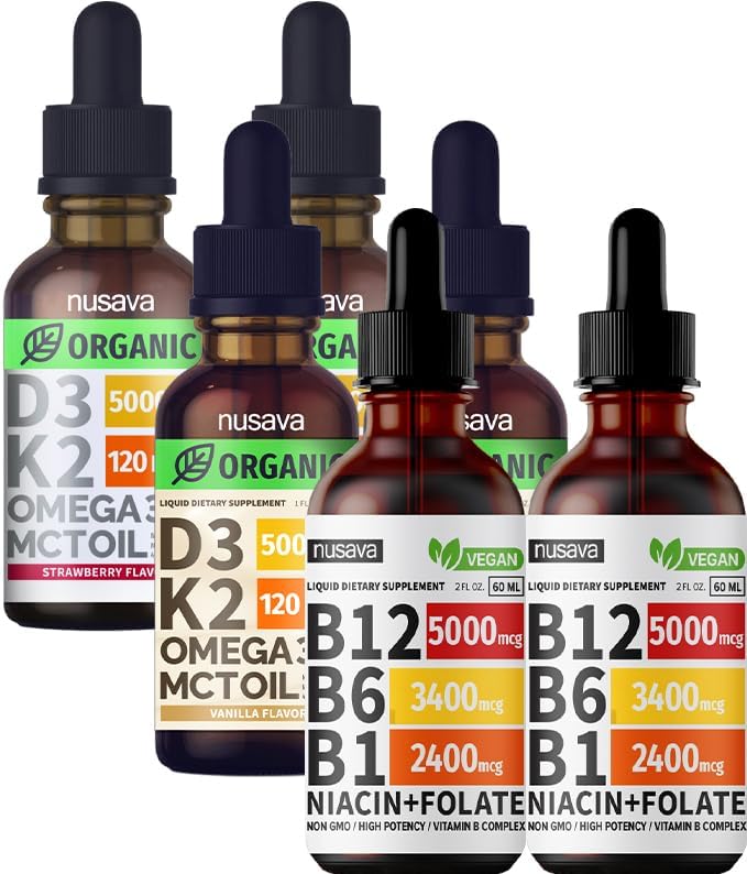 Vitamin B12 Liquid Drops Bundle, Strawberry Flavored D3 K2, & Vanilla Flavored D3 K2