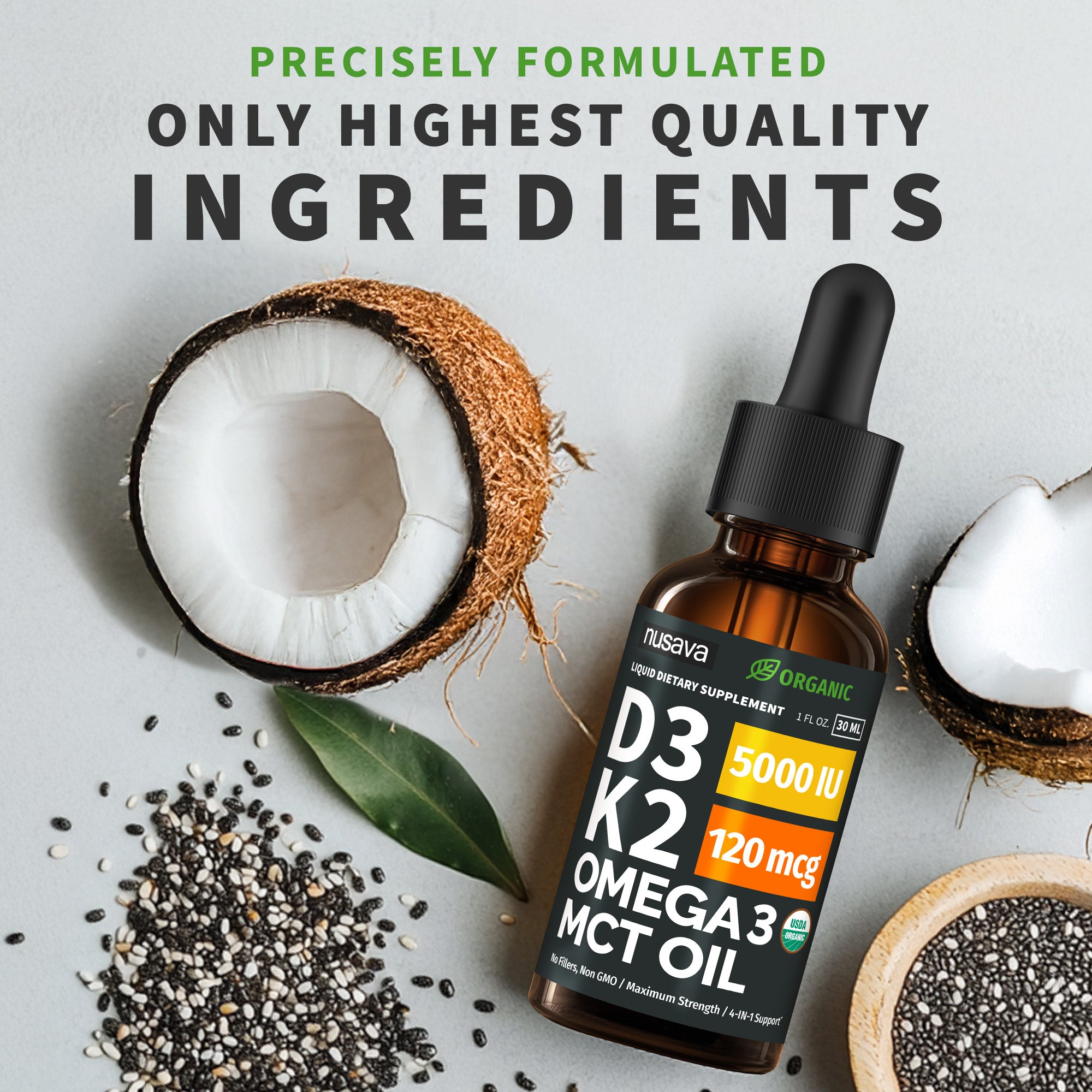 Organic Vitamin D3 K2 Drops with MCT Oil & Omega 3