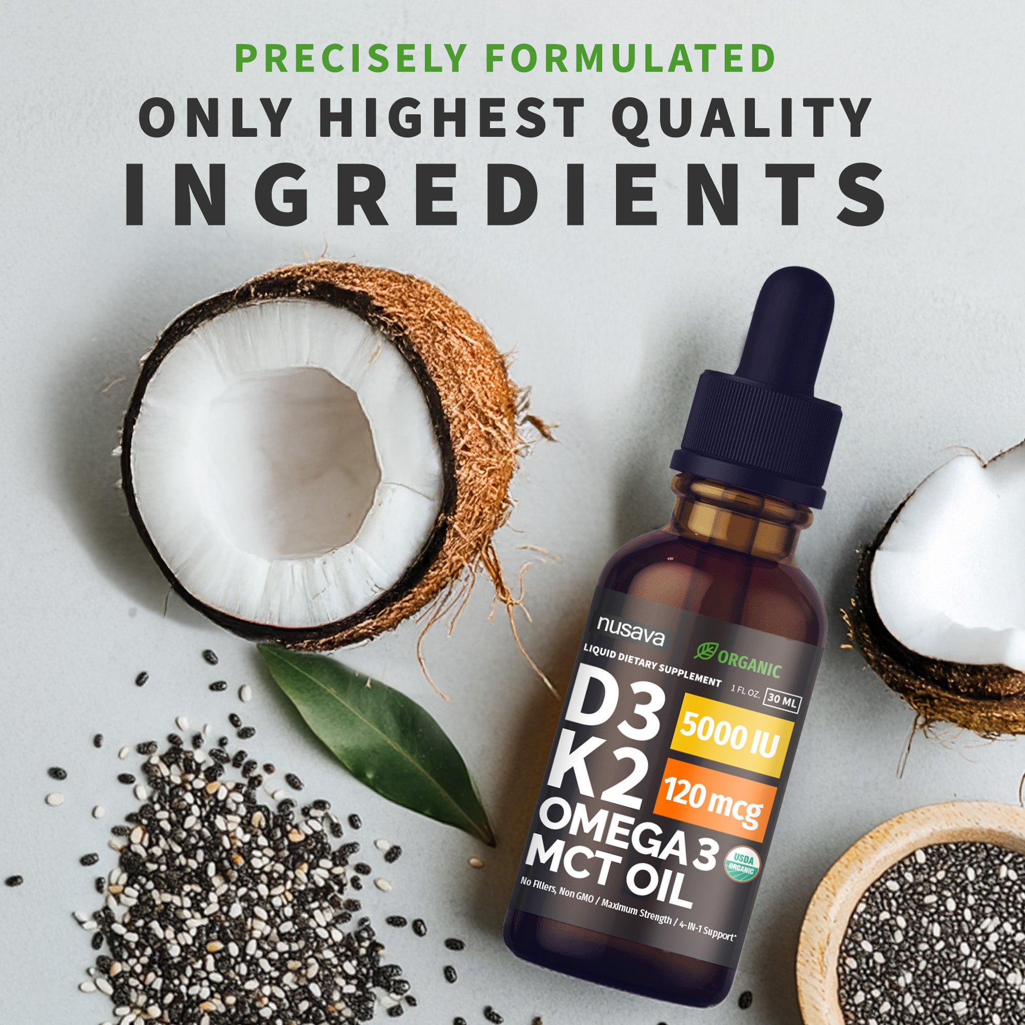 Organic Vitamin D3 K2 Drops with MCT Oil Omega 3, 5000 IU, Maximum Strength Vitamin D Liquid, No Fillers, Non-GMO Liquid D3 for Faster Absorption, Immune Support