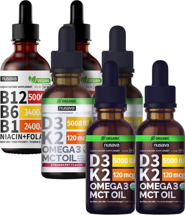 Unflavored D3 K2, Strawberry Flavored D3 K2, & Vitamin B12 Liquid Drops Bundle - Potent Liquid Vitamins for Heart, Joint, Energy, & Immune Support - Non-GMO, Gluten-Free