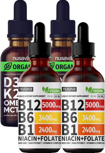 Vitamin B12 Liquid Drops and Unflavored D3 K2 Bundle - Potent Liquid Vitamins for Heart, Joint, Energy, & Immune Support