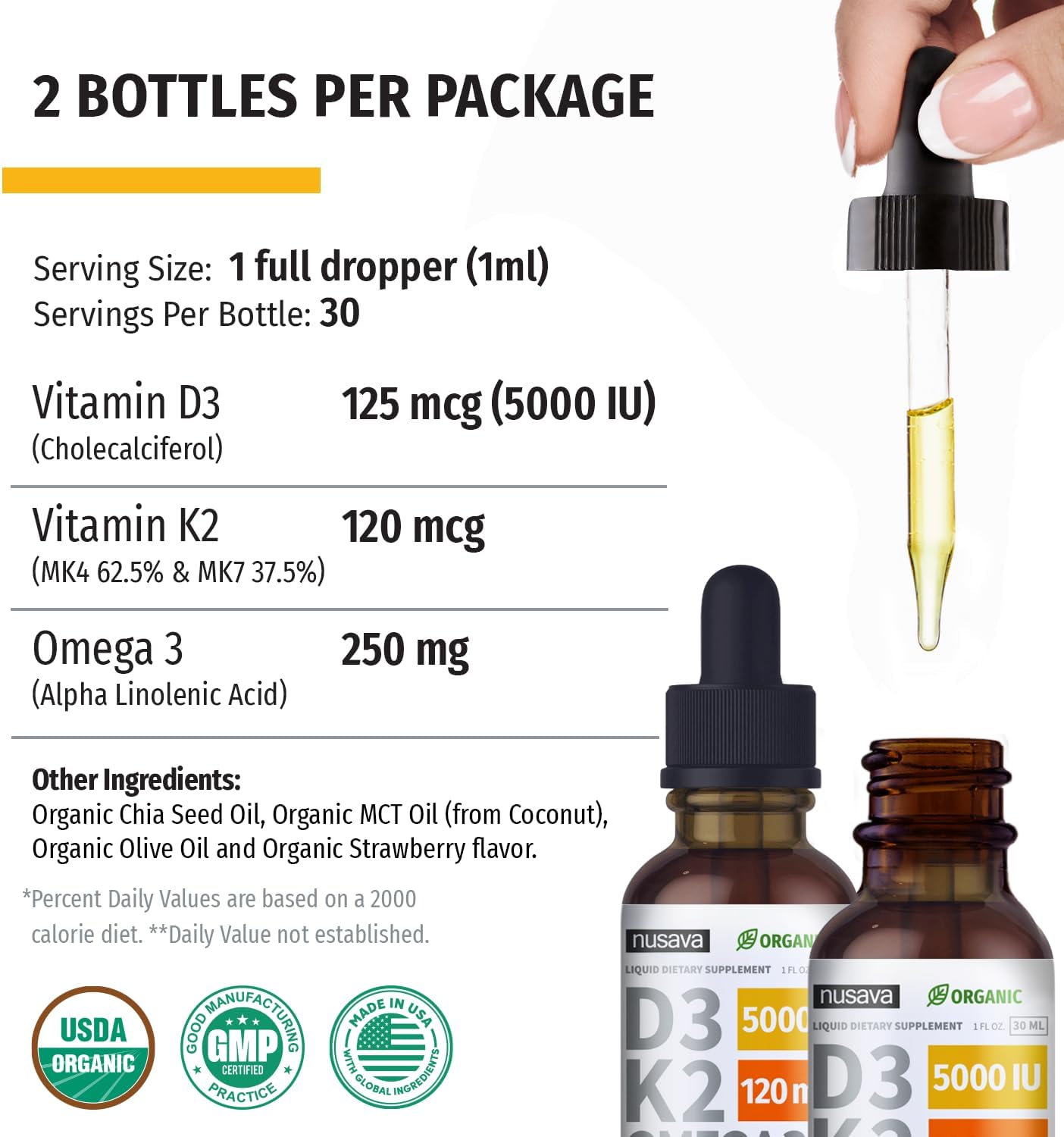Organic Vitamin D3 K2 Drops with MCT Oil & Omega 3