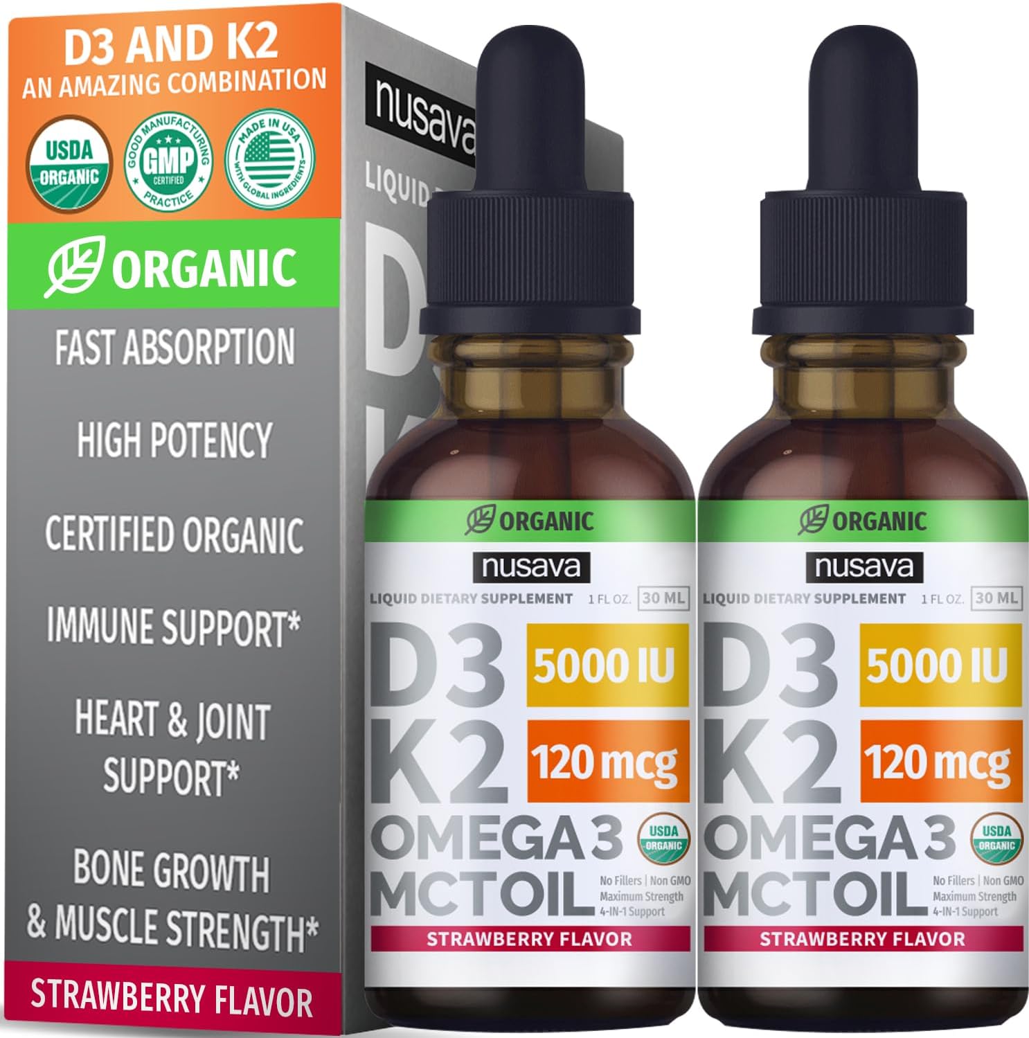 Unflavored D3 K2, Strawberry Flavored D3 K2, & Vitamin B12 Liquid Drops Bundle - Potent Liquid Vitamins for Heart, Joint, Energy, & Immune Support - Non-GMO, Gluten-Free