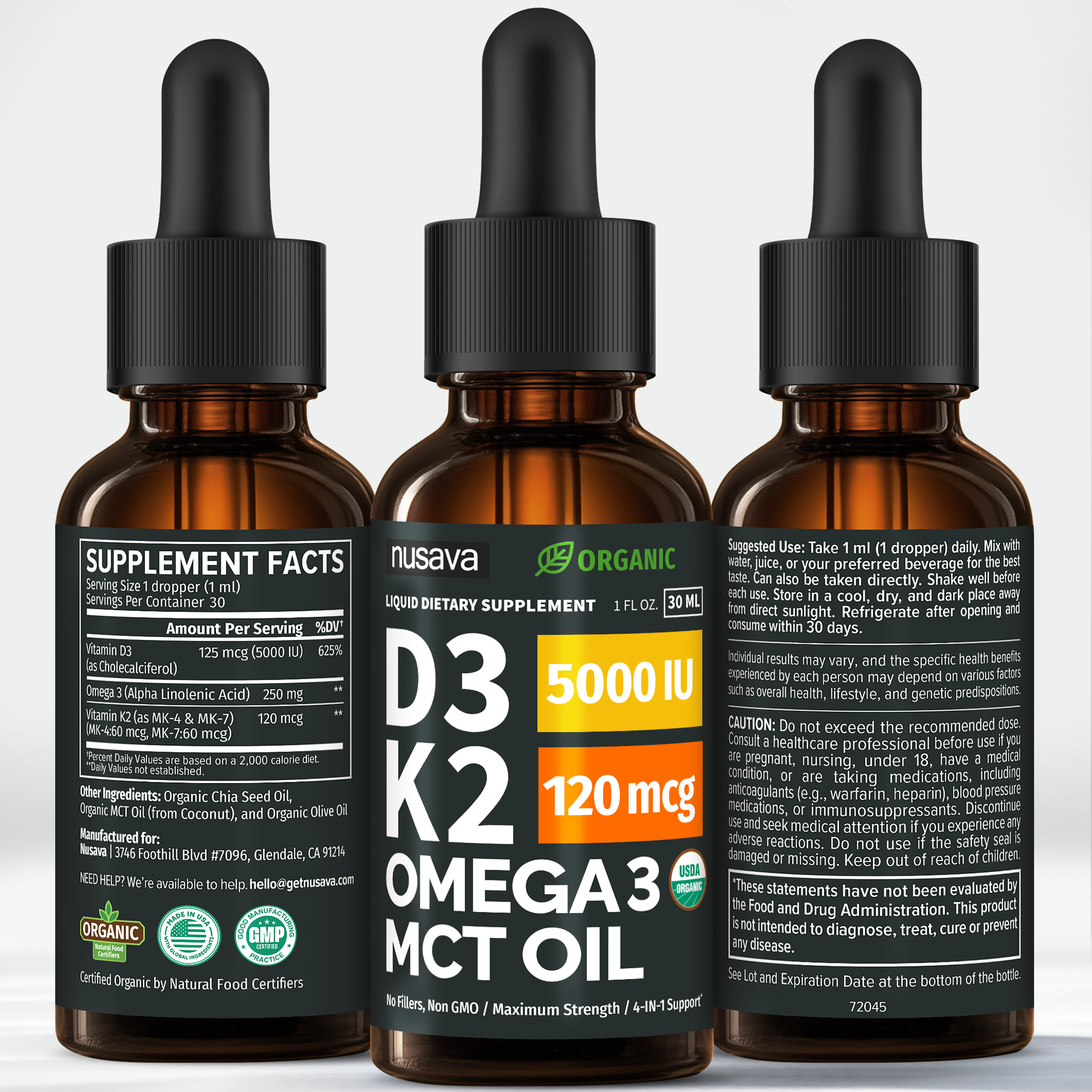 Organic Vitamin D3 K2 Drops with MCT Oil & Omega 3