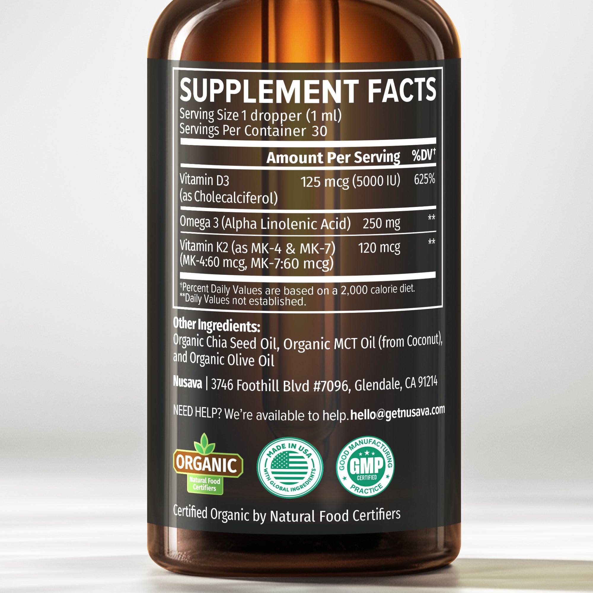 Organic Vitamin D3 K2 Drops with MCT Oil Omega 3, 5000 IU, Maximum Strength Vitamin D Liquid, No Fillers, Non-GMO Liquid D3 for Faster Absorption, Immune Support