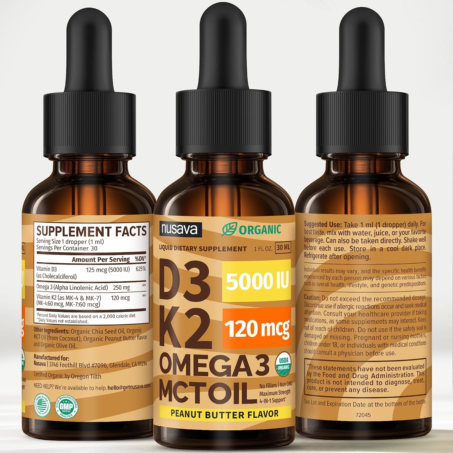 Organic Vitamin D3 K2 Drops with MCT Oil & Omega 3