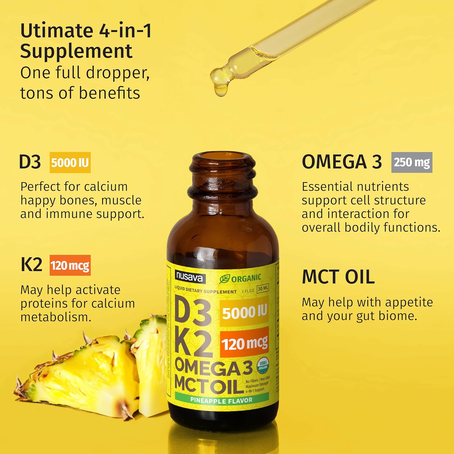 Organic Vitamin D3 K2 Drops with MCT Oil & Omega 3