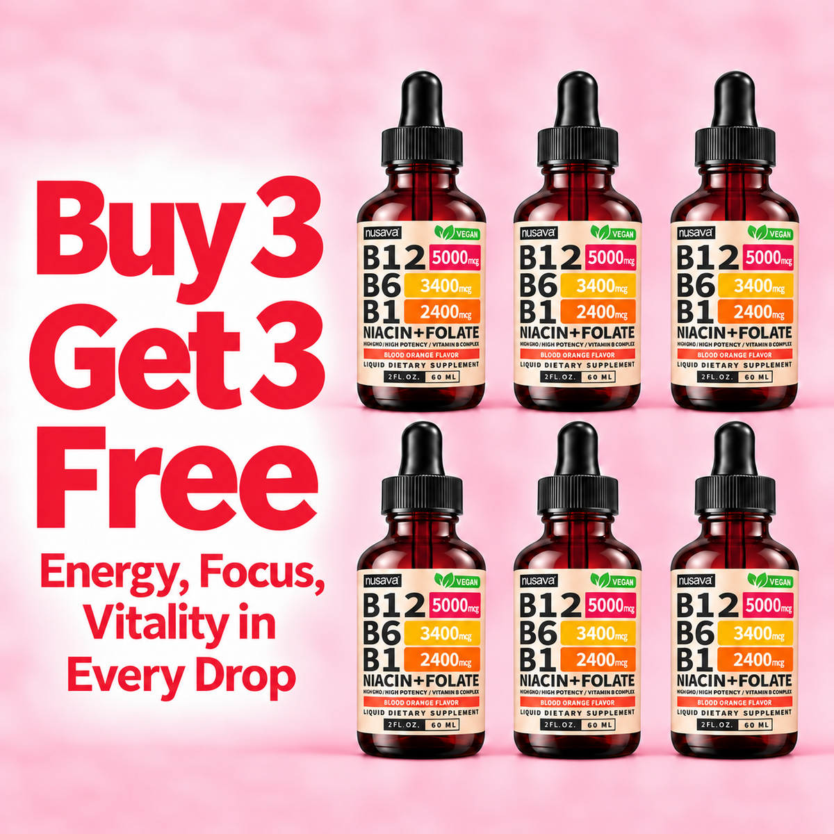 Nusava B12 Liquid Drops - Buy 3 Get 3 Free (6 Bottles)