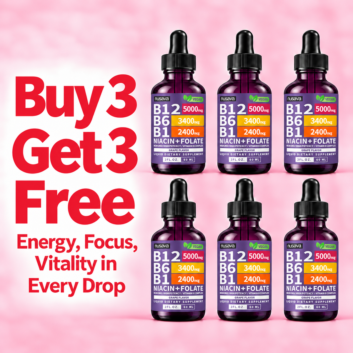 Nusava B12 Liquid Drops - Buy 3 Get 3 Free (6 Bottles)