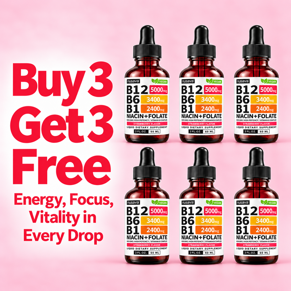 Nusava B12 Liquid Drops - Buy 3 Get 3 Free (6 Bottles)