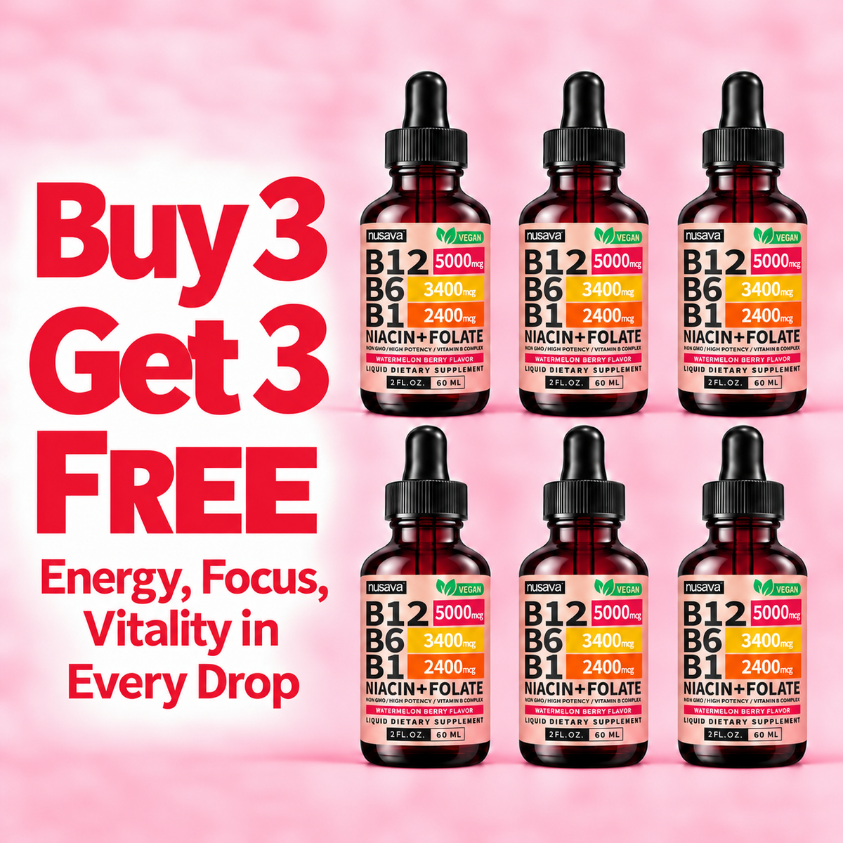 Nusava B12 Liquid Drops - Buy 3 Get 3 Free (6 Bottles)