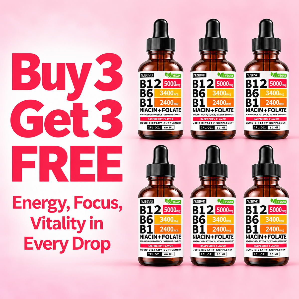 Nusava B12 Liquid Drops - Buy 3 Get 3 Free (6 Bottles)
