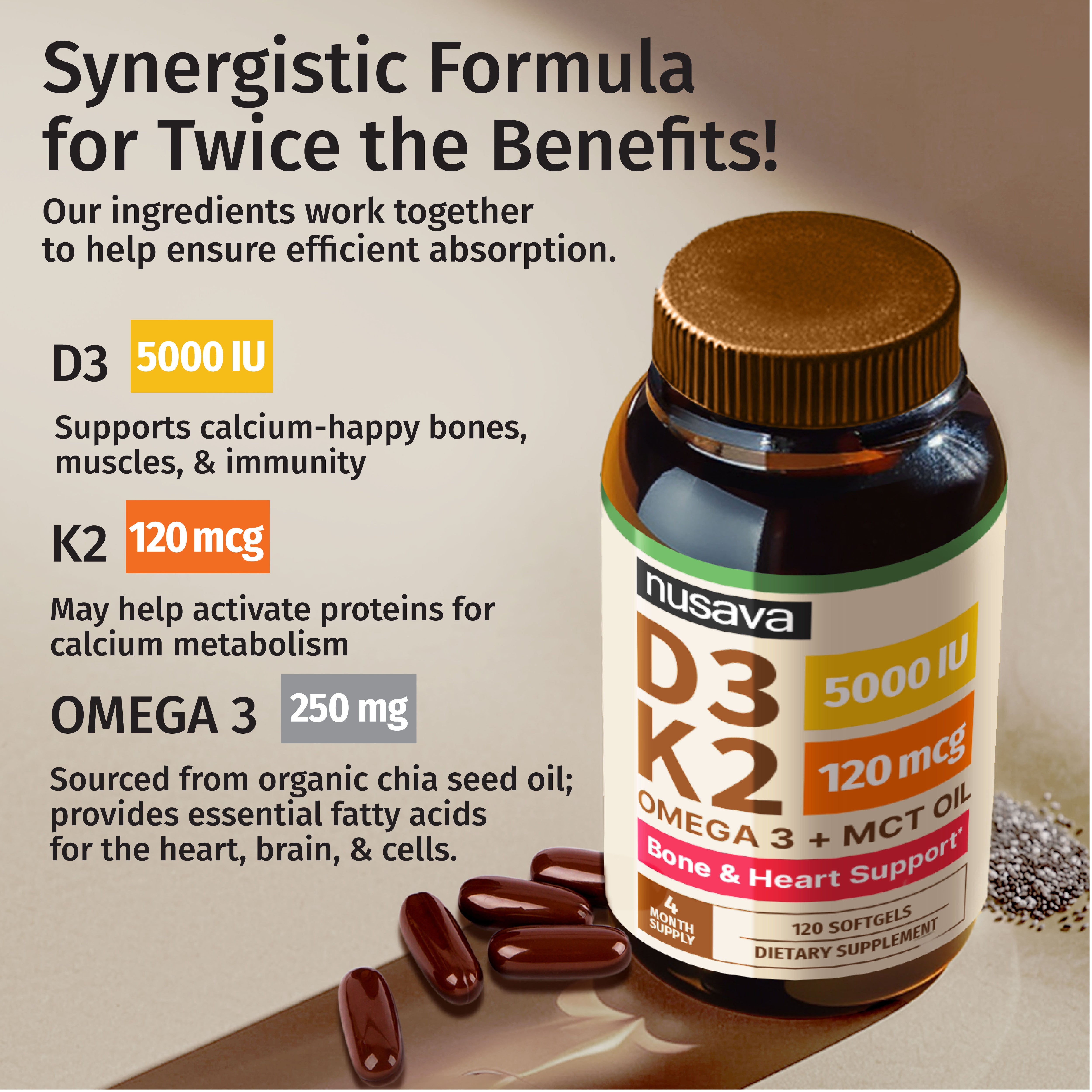 NUSAVA Vitamin D3 K2 Vegan Omega 3 Softgel