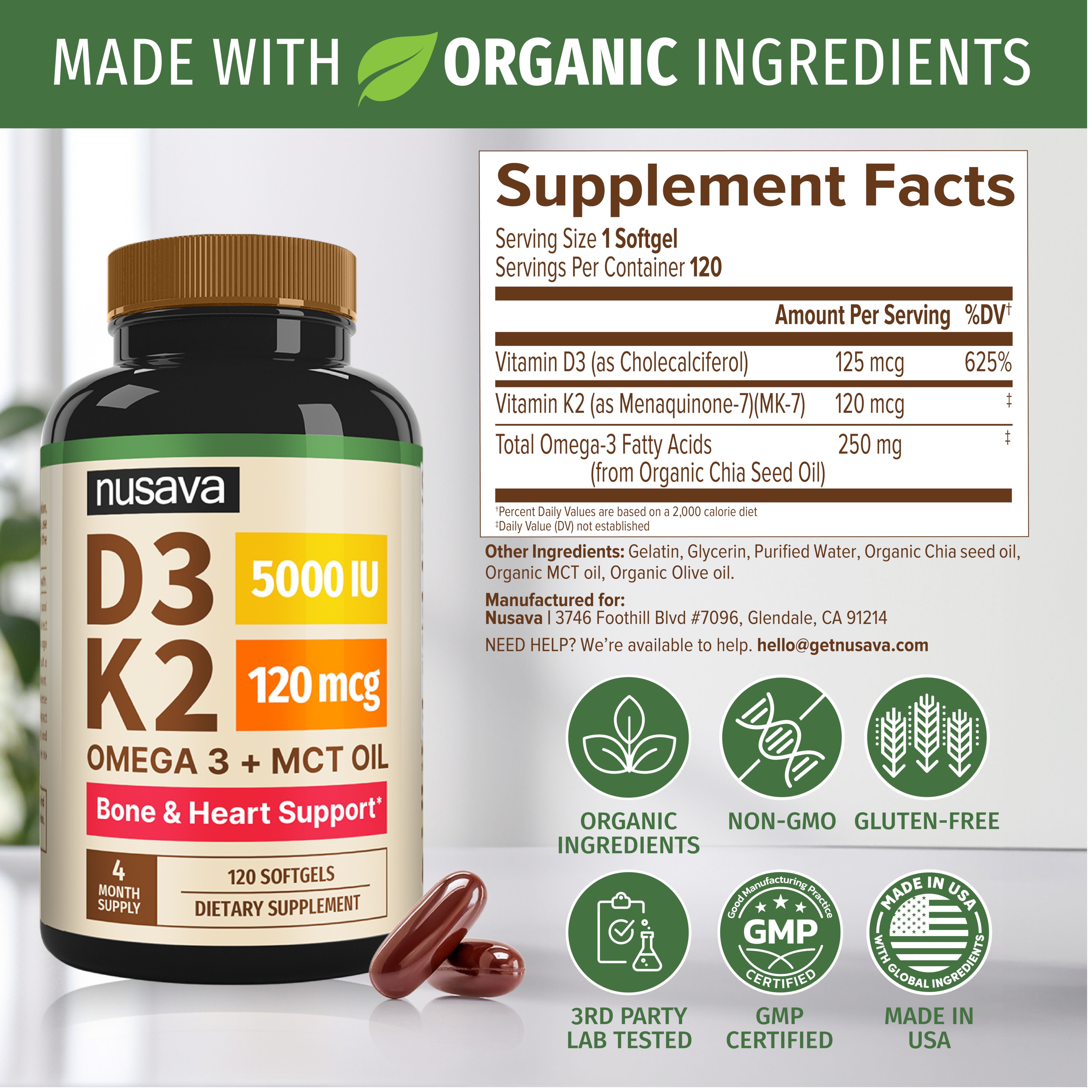 NUSAVA Vitamin D3 K2 Vegan Omega 3 Softgel